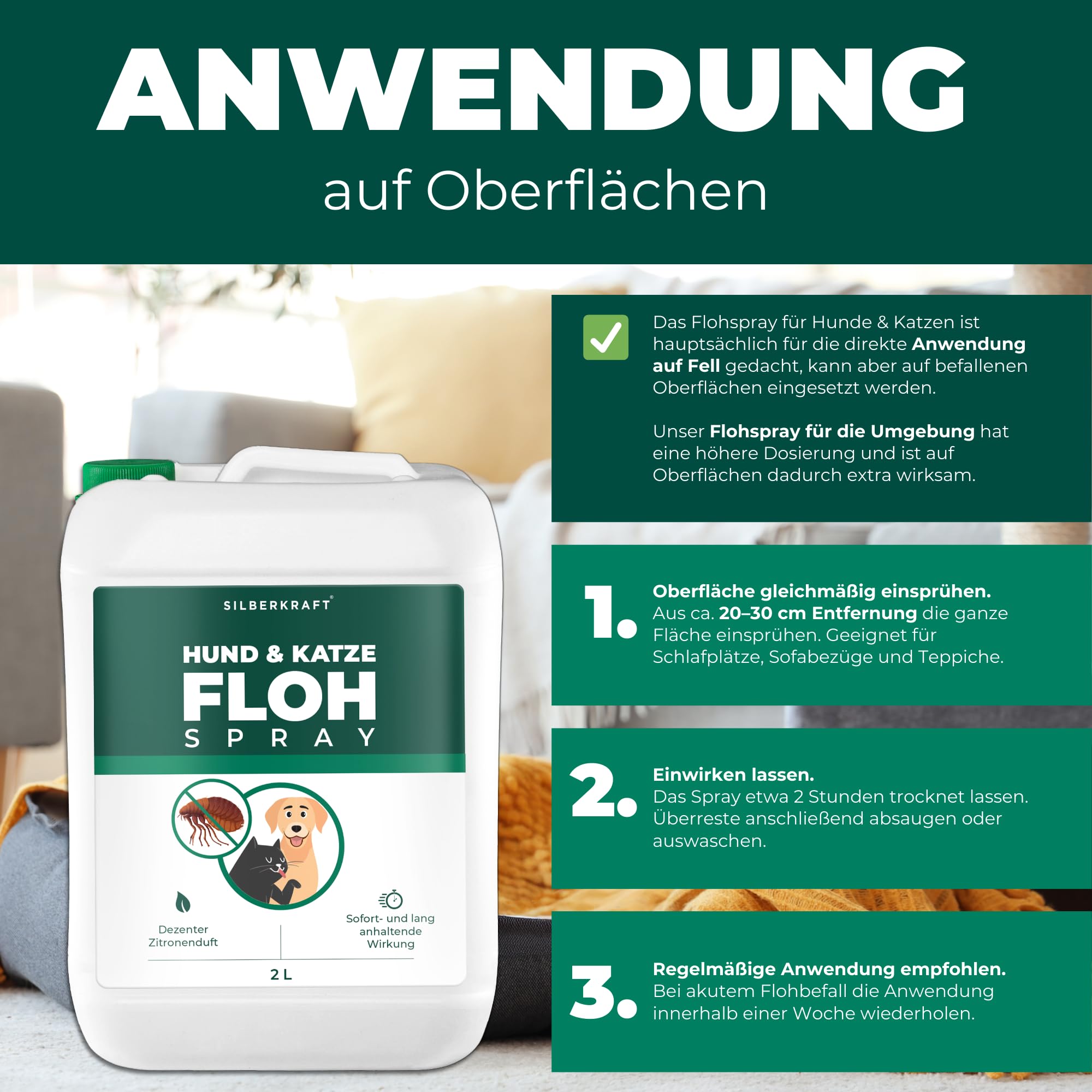 Silberkraft Flohmittel, Floh-Spray 2 L - Flohspray für Hund, Katze und andere Haustiere - Anwendung am Tier - ideales Anti-Floh-Mittel gegen Flöhe, Zecken, Parasiten, Ungeziefer…