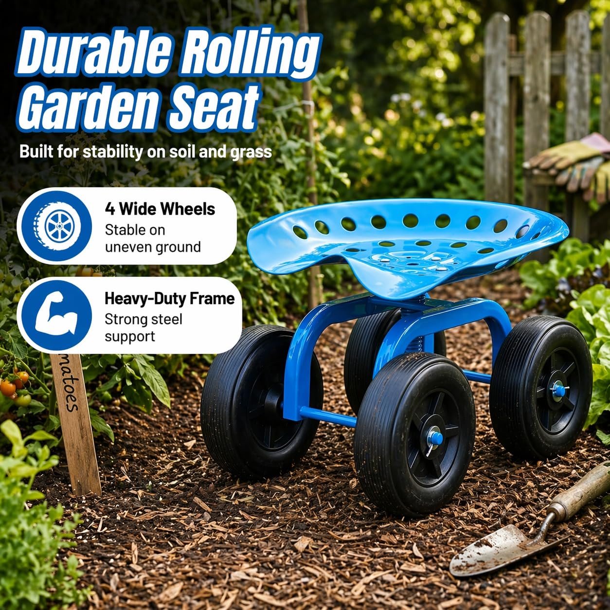 KATSU Tools Carrito de jardín rodante, taburete de taller, giratorio 360° y asiento de trabajo ajustable en altura, para tareas al aire libre, reparación de automóviles