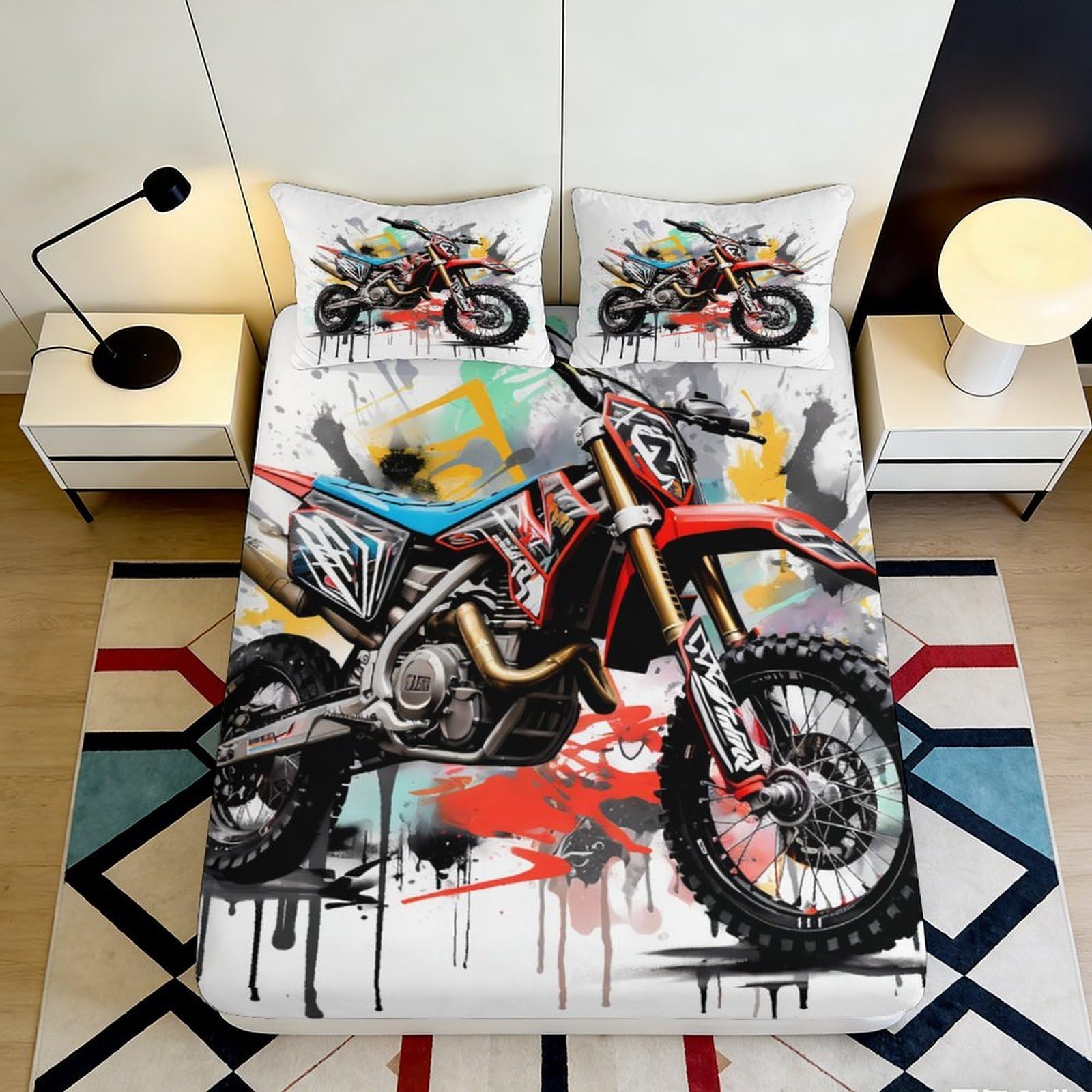 3D Printed Graffiti Motorcycle Fitted Sheet Microfiber Soft Breathable Motocross Bed Cover for Bedroom Dorm Decor 90x200x25cm