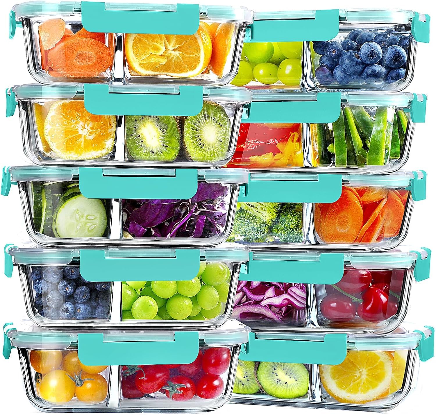 VERONES 10 Pack Glass Meal Prep Containers 2 Compartment Set, 30 OZ Airtight Glass Lunch Containers, Glass Food Storage Containers with Lids, for Microwave, Oven, Freezer & Dishwasher Friendly?Green