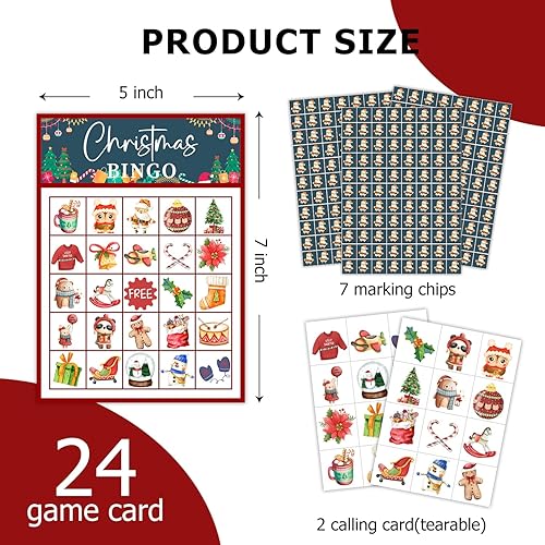 Miniatura 7 de Tarjetas de juegos de fiesta de bingo de Navidad con 24 jugadores, juego de mesa de fiesta de Navidad para niños, niñas, adultos jóvenes,