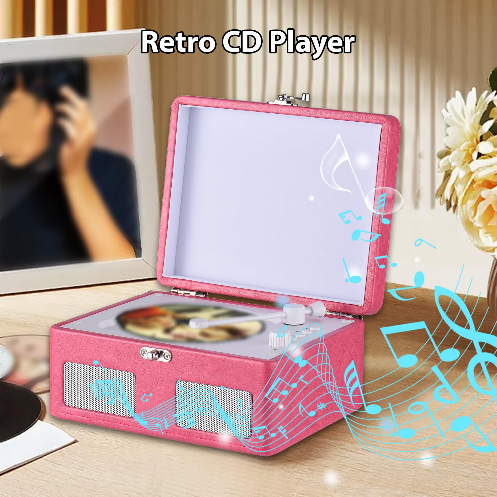 CHICIRIS Music Player Record Player, CD con Batteria Ricaricabile Turntable, Portatile, per Appassionati di Musica, Output di Input 3,5 Mm (PINK)