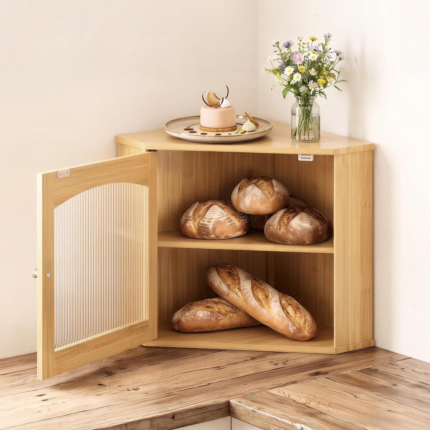 LAMU Corner Bread Box for Kitchen Countertop, Bamboo Wood Bread Storage image 5