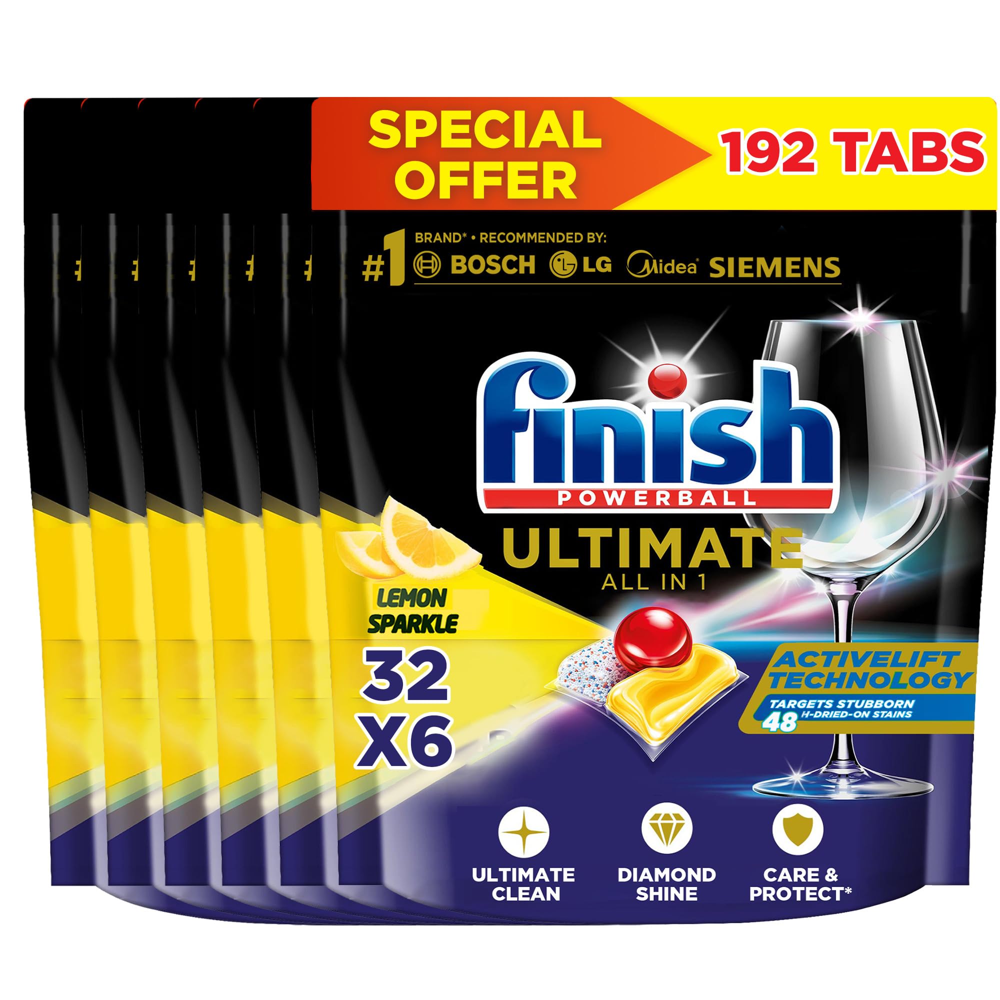 FinishPowerball Ultimate Dishwasher Detergent, Lemon Sparkle Scent, 32 Tabs x 6