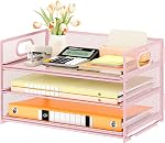 Subekyu 3 Tier Letter Tray Paper Organizer with Handle, 1 PC Sliding Tray, White Metal Mesh Desk File Folder Paper Sorter Organizer for Home Office School Desk Supplies Organization Storage