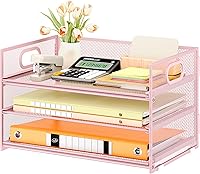 Vista 26 de Subekyu 3 Tier Paper Letter Tray Organizer for Desk, Gray Metal Mesh Desk File Folder Sorter Organizer with Handle and Sliding Tray for Home, Gris
