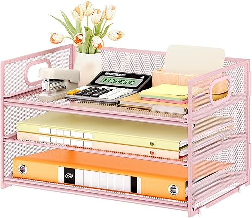 Miniatura 26 de Subekyu Organizador de escritorio de papel de 3 niveles con asa y 1 bandeja deslizable para cartas, clasificador de carpetas de archivos de papel