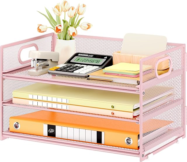 Subekyu 3 Tier Paper Letter Tray Organizer for Desk, Pink Metal Mesh File Folder Sorter Organizer with Handle and 1 PC Sliding Tray for Home Office School Desk Supplies Organization Storage