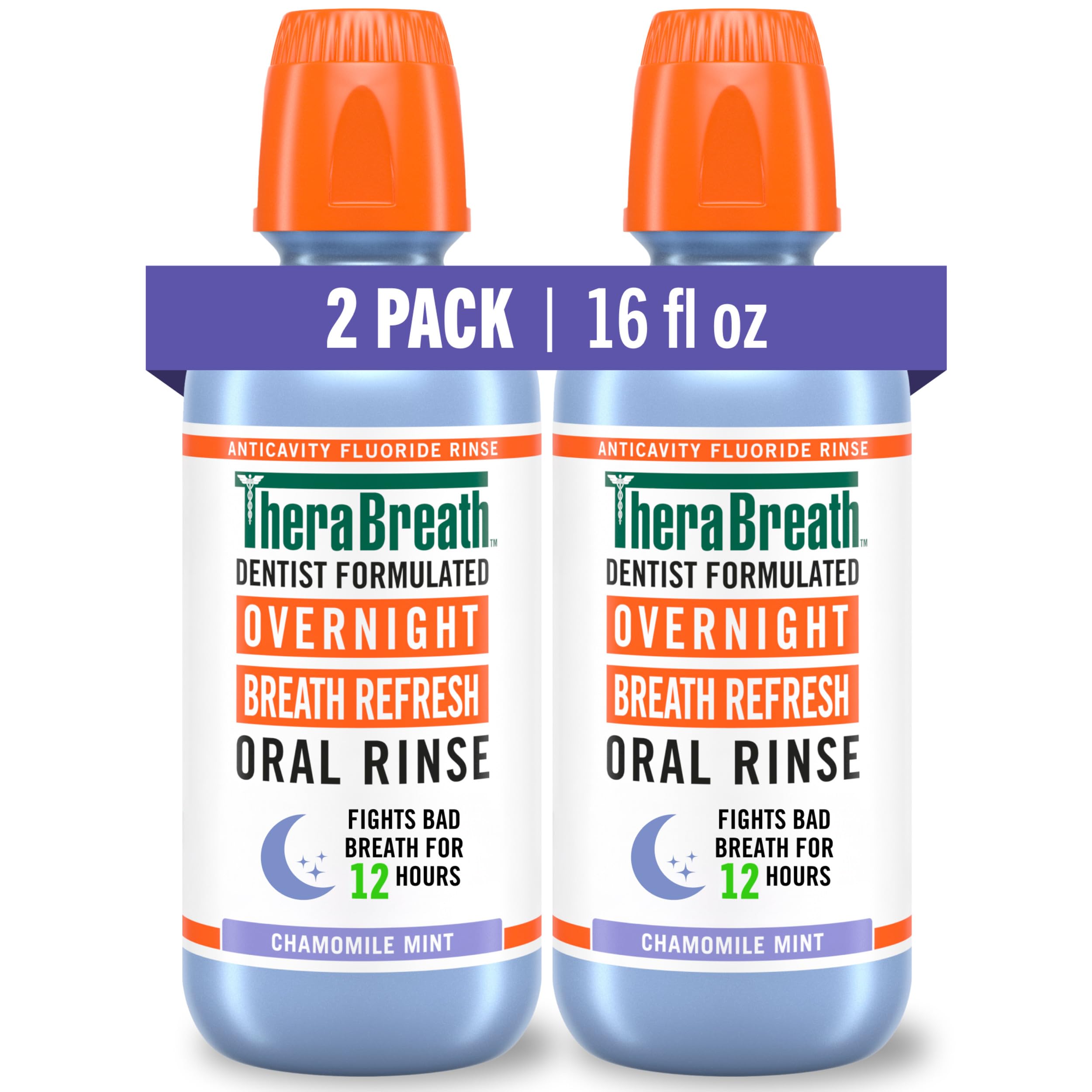 TheraBreath Overnight Mouthwash, Fights Bad Breath for 12 Hours, Chamomile Mint Flavor, Dentist Formulated, Fluoride Rinse, Alcohol Free, 16 fl oz (Pack of 2)