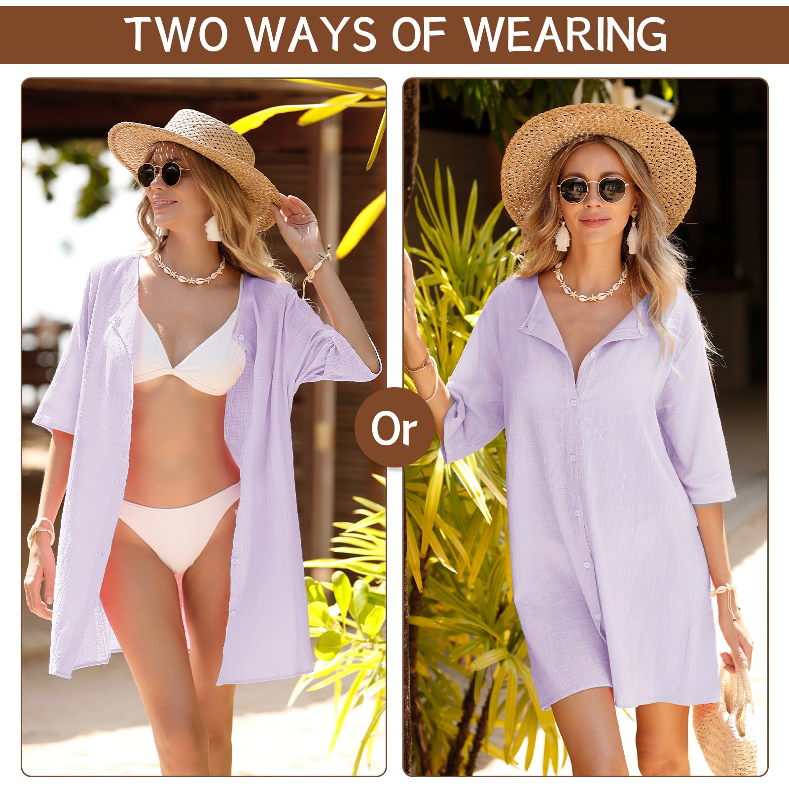 Svanco Robe de Plage Femme Été, Tunique de Plage Élégante, Chemise de Plage en Coton, Cache Maillot de Bain