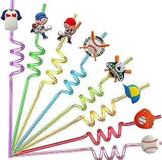 24 Baseball Party Drinking Straws, Baseball Party Decorations Supplies for Kids Birthday, Baseball Party Favors for Kids, Crazy Silly Straws for Baseball Theme Party Favors with 2 Pcs Cleaning Brushes