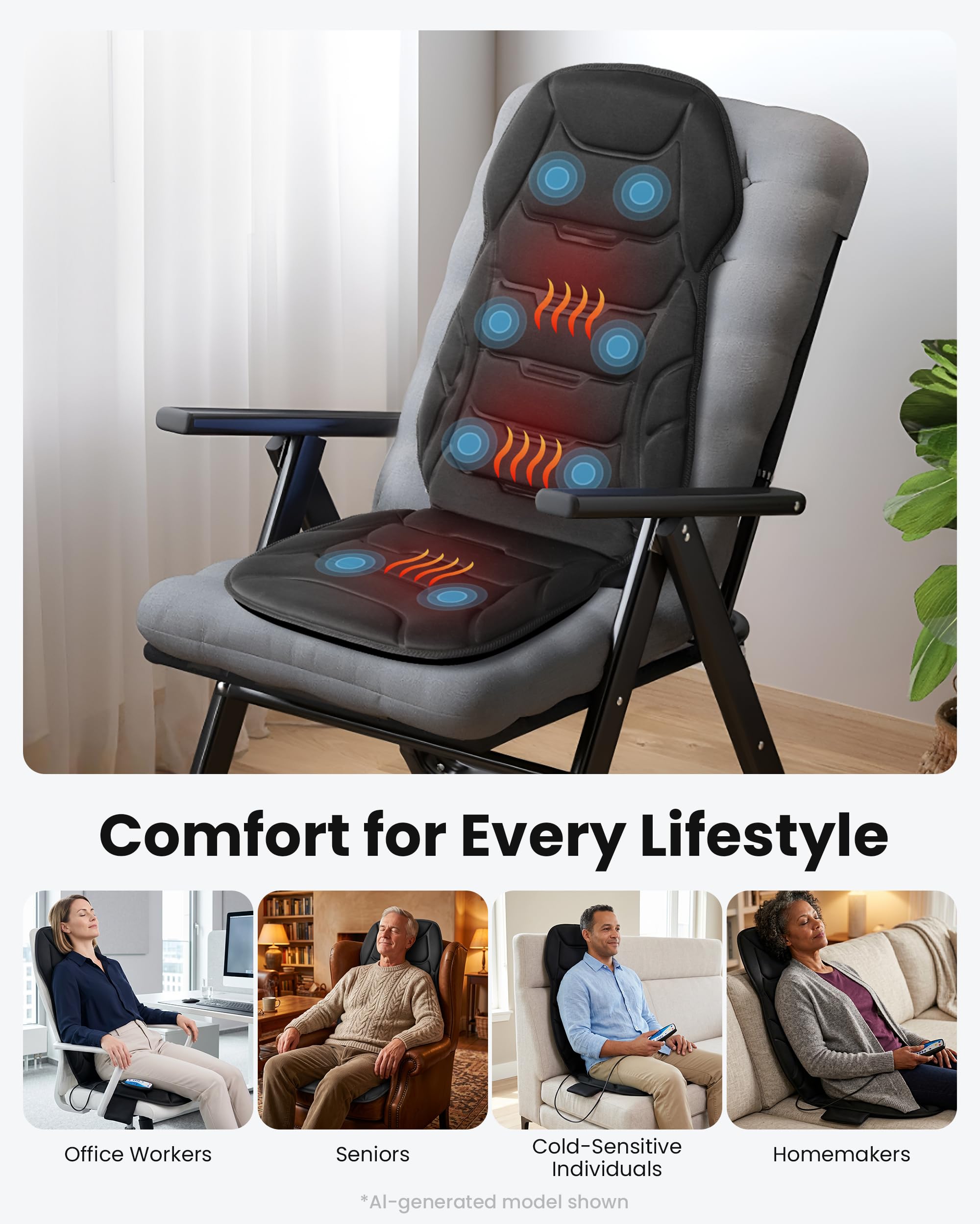 COMFIER Funda de Asiento con Masaje y Calor, Esterilla de Masaje con Vibración para Espalda y Cuello, Cojín de Asiento para Relajación, Masajeador Espalda para Oficina en Casa, Regalos para Mujer