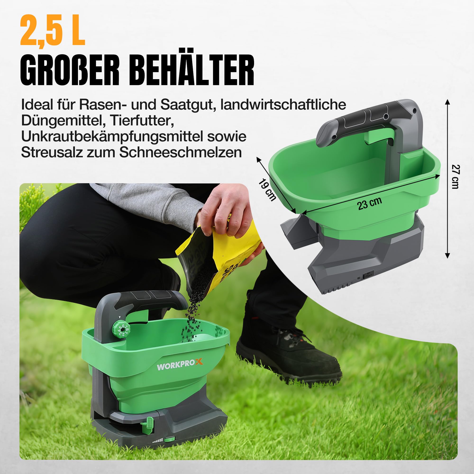 WORKPRO Akku Düngerstreuer 7,2V, Handstreuer für Rasendünger mit 2,5 L Behälter, 8-stufige Streumengenregelung, Streuwinkel bis 127°, deckt bis zu 600 m² Saatfläche, Kabellos & Tragbar