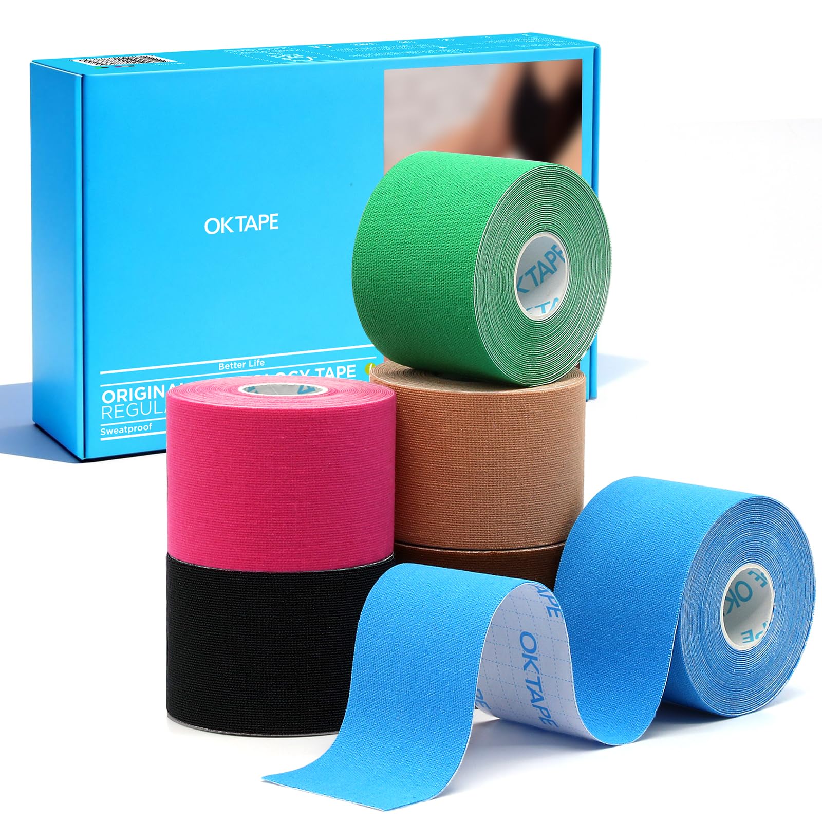 OK TAPE Kinesiology Tape (6 Pack) Latex Free Cotton Uncut 2in x 16.4ft