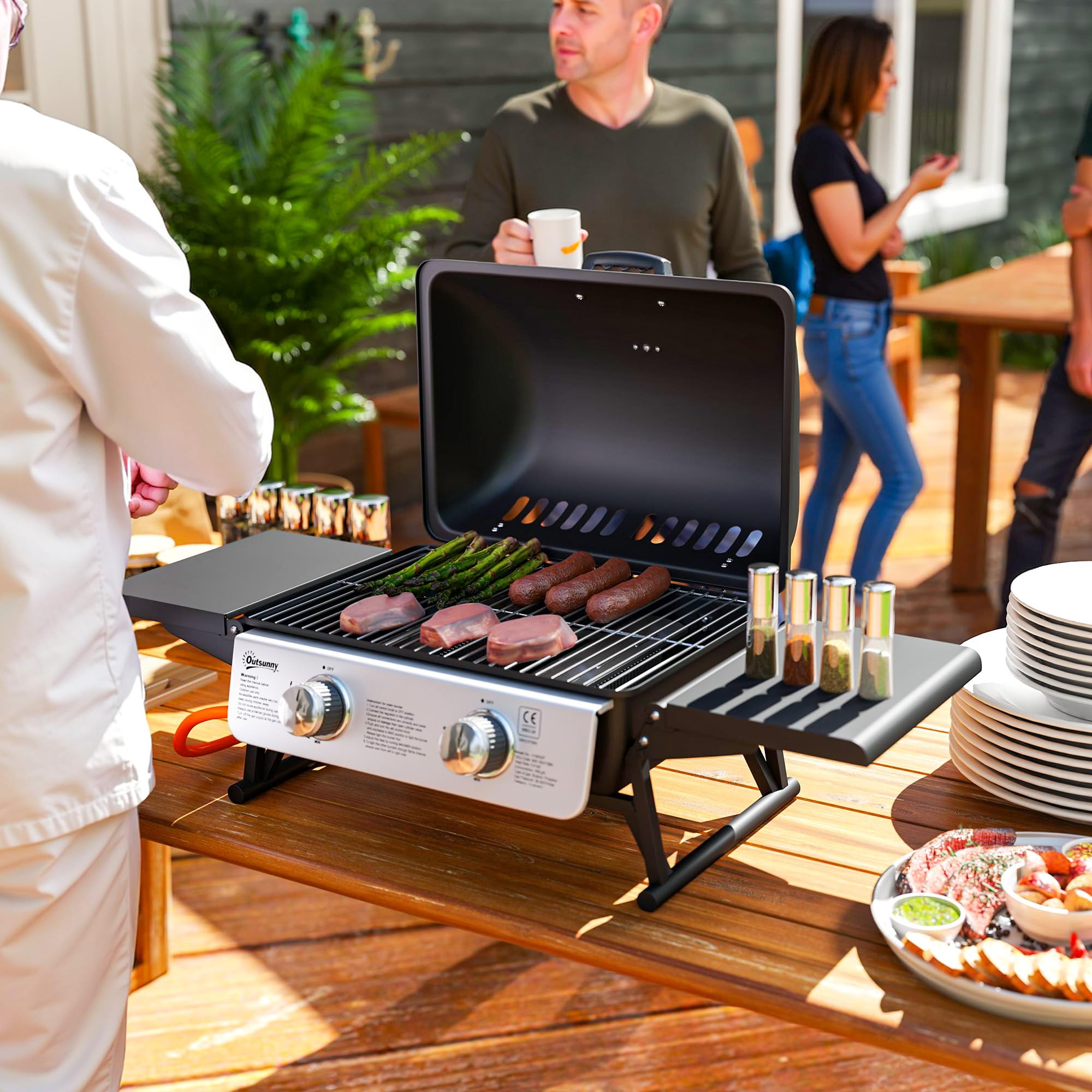 Outsunny Barbecue a gas da tavolo trasportabile, 2 bruciatori da 5,6 kW, barbecue a gas da campeggio con griglia di cottura, ripiani laterali, coperchio, termometro, per campeggio, giardino e balcone,