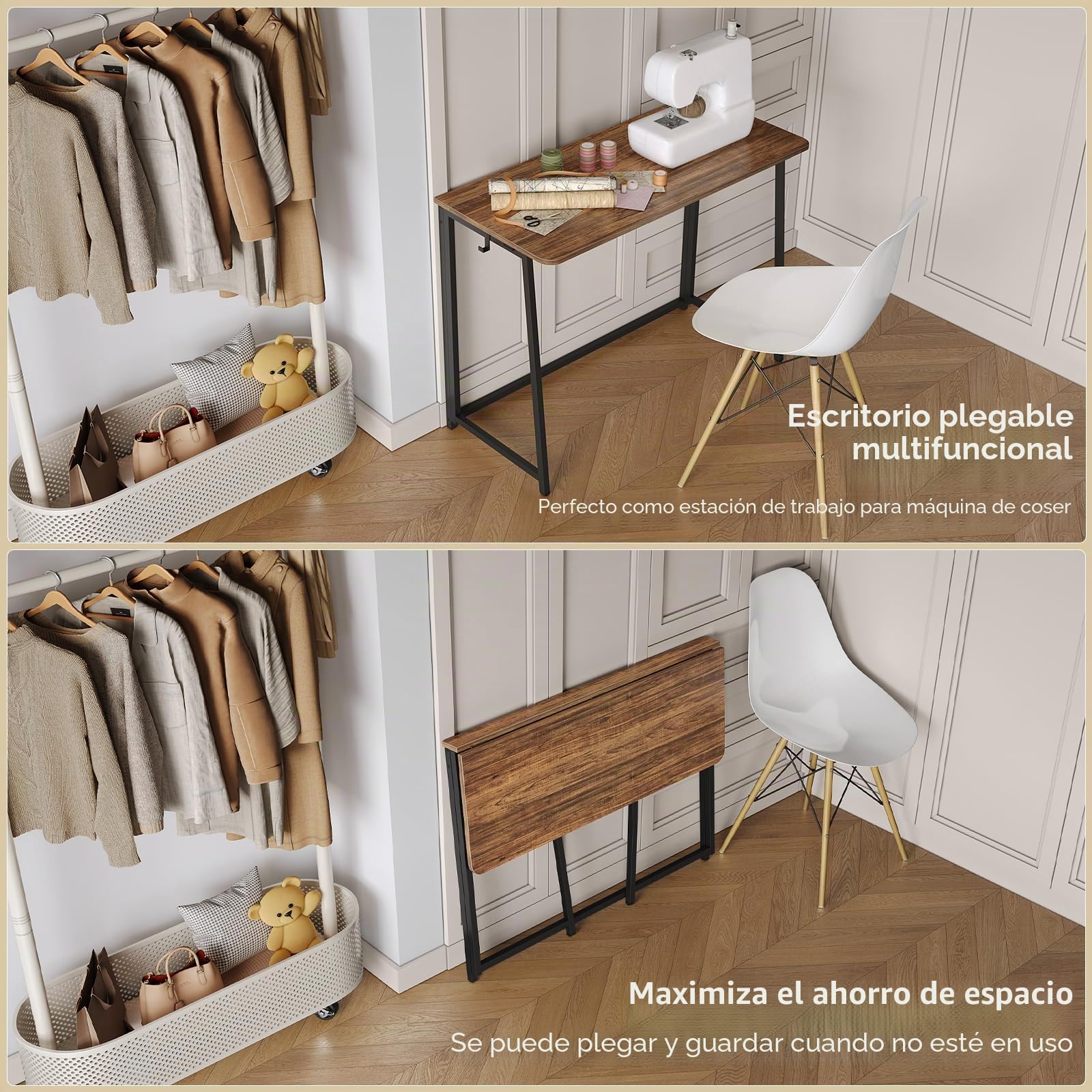 WOHOMO - Escritorio plegable, pequeño escritorio de escritura para ahorrar espacio, mesa plegable para portátil, estación de trabajo para oficina en casa, fácil montaje, nogal rústico