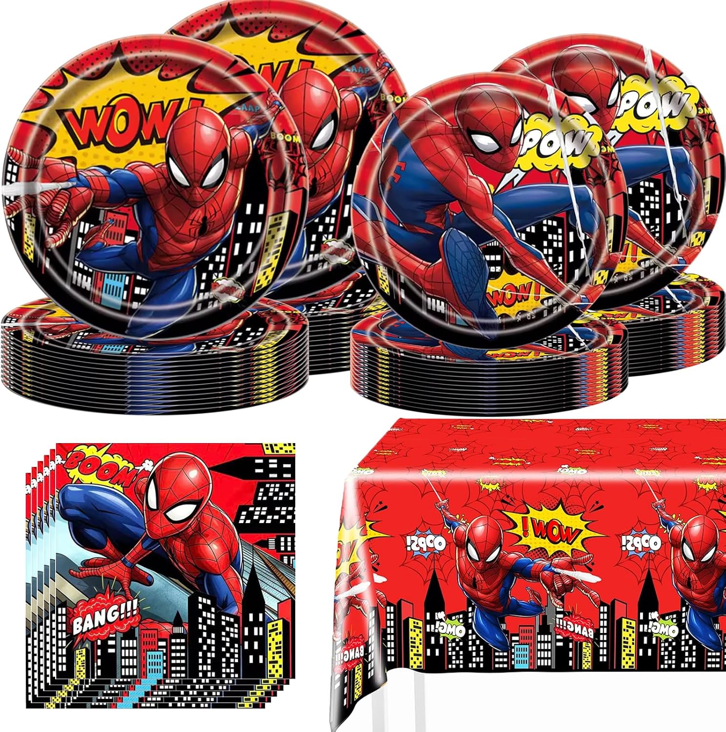 61pcs Cartoon Spider Birthday Party Decorations Supplies, Movie Theme Tableware Set, Include Paper Plates, Napkins, Tablecloth for Boys Theme Party (Red)
