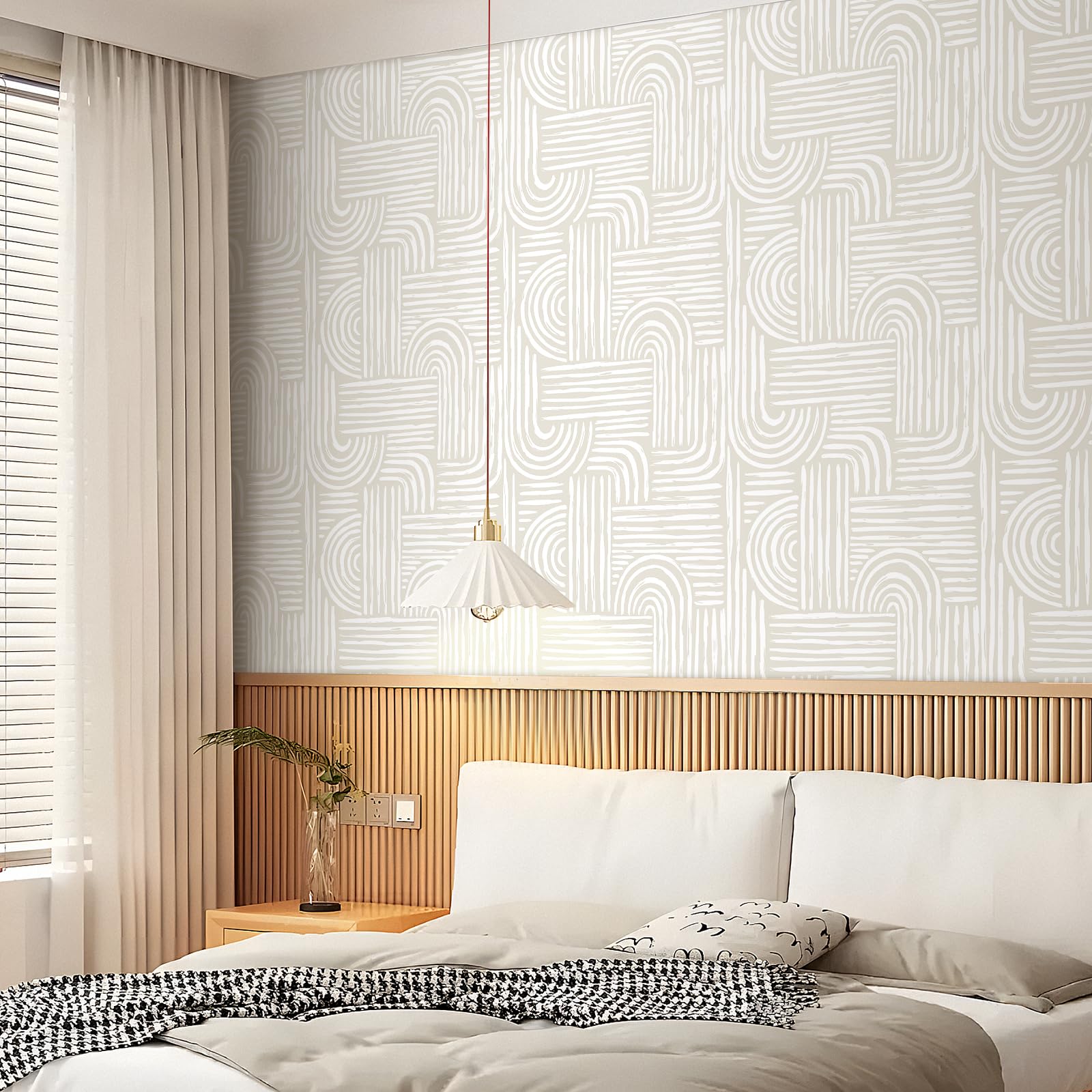 Decotalk Carta da Parati Camera da Letto Beige Mid Century Modern 44.5X900cm Carta da Parati Geometrica Boho Modello ad Arco Peel and Stick Wallpaper per Soggiorno Bagno Scala Sala da Pranzo Corridoio