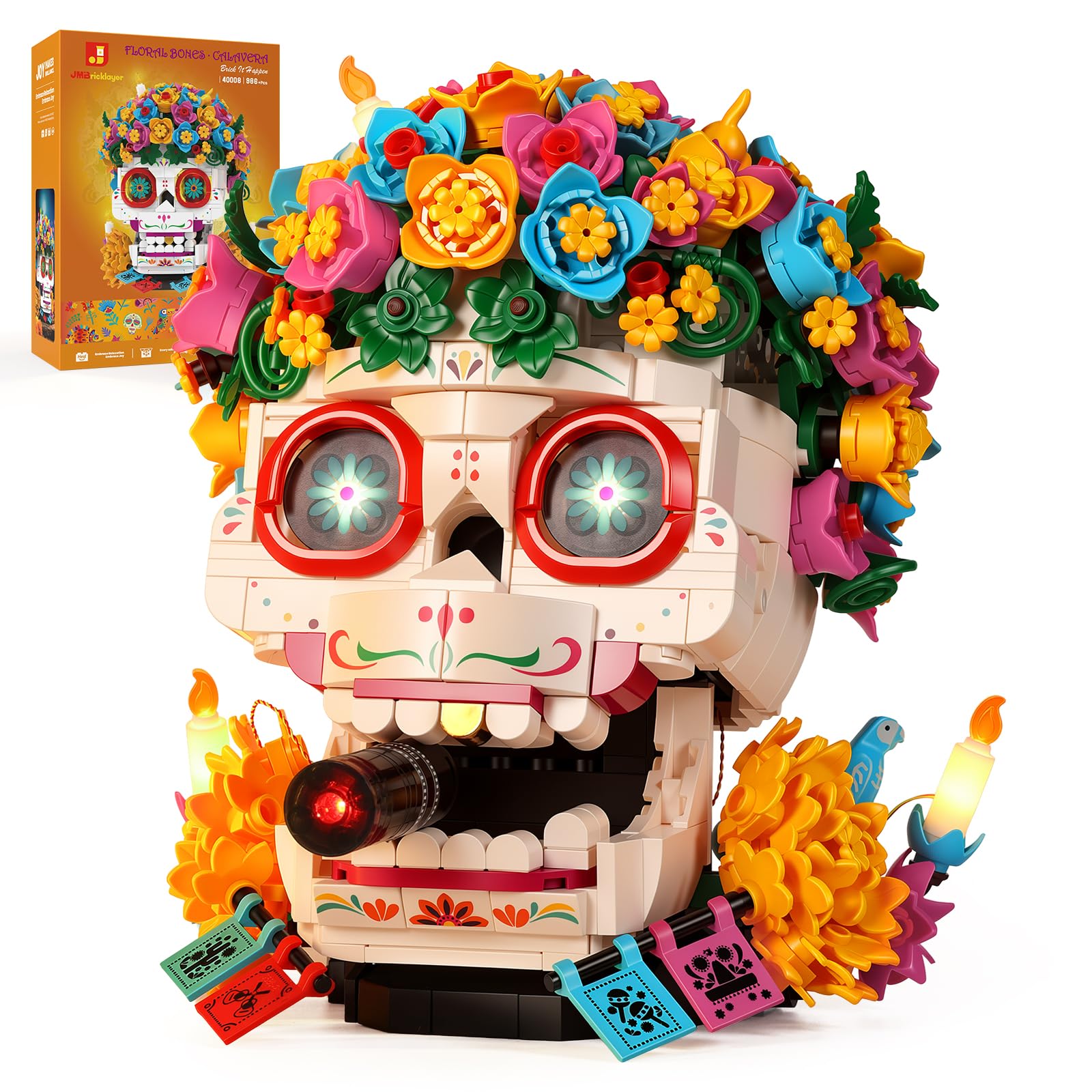JMBricklayer Calavera Sugar Skull Flowers Building Set with Lights, 986 PCS