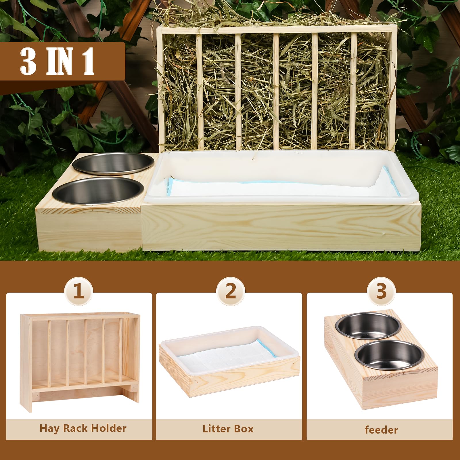 Comedero de heno 3 en 1 con bandeja de arena, cuencos de comida para mascotas, comedero de madera para mascotas pequeñas, conejo, hámster, cobaya