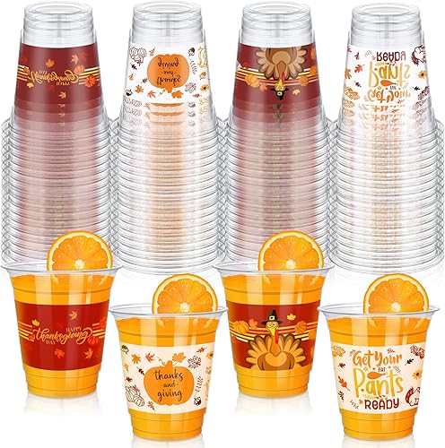 Uiifan 60 vasos desechables de Acción de Gracias de 12 onzas, vasos de plástico a granel de pavo y calabaza, vasos de plástico transparente para