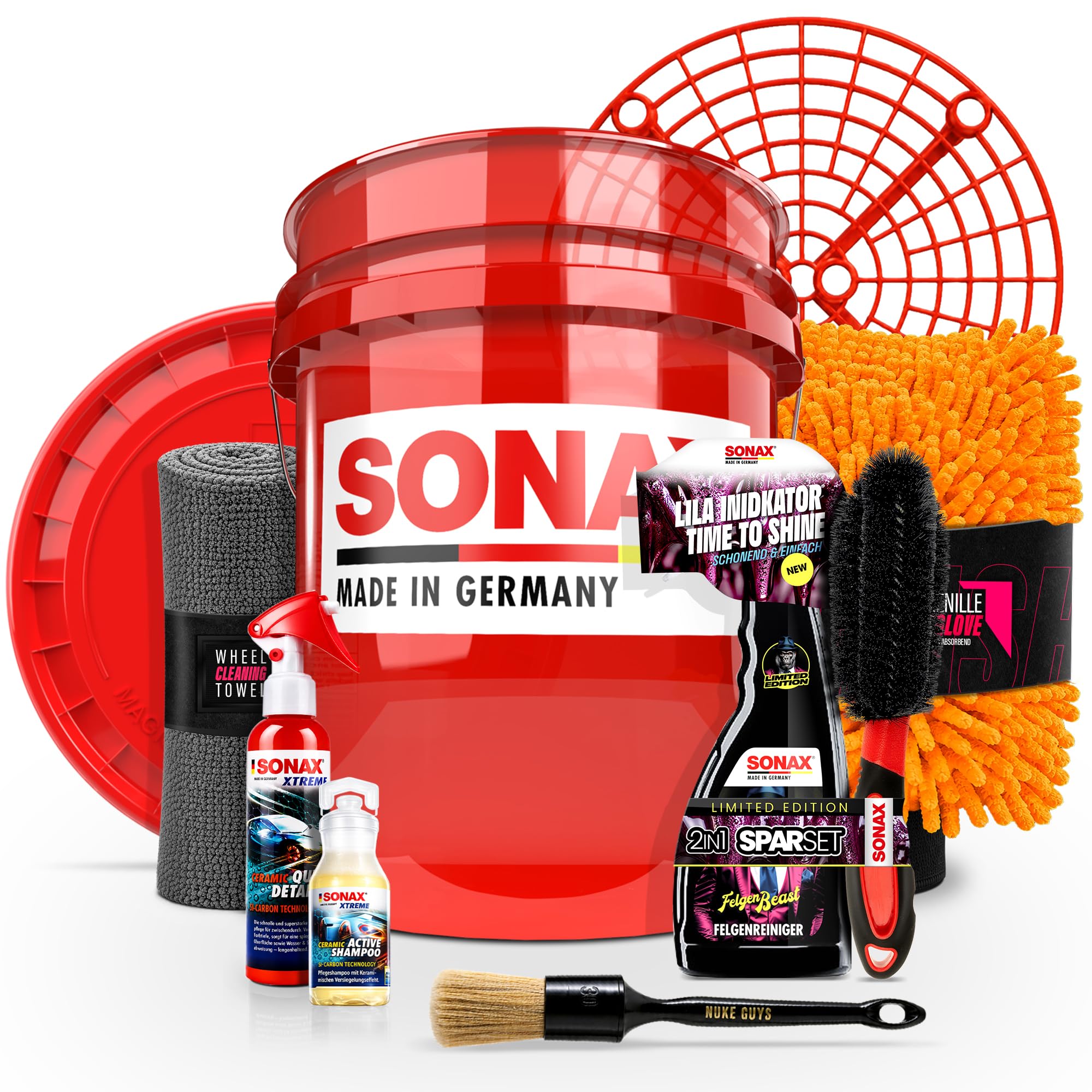 Set di pulizia per cerchioni, Sonax, secchio per il lavaggio dell'auto, con filtro e coperchio, spazzola per cerchioni, guanto per il lavaggio + spazzola + pennello + ceramica Quick Detailer + shampoo