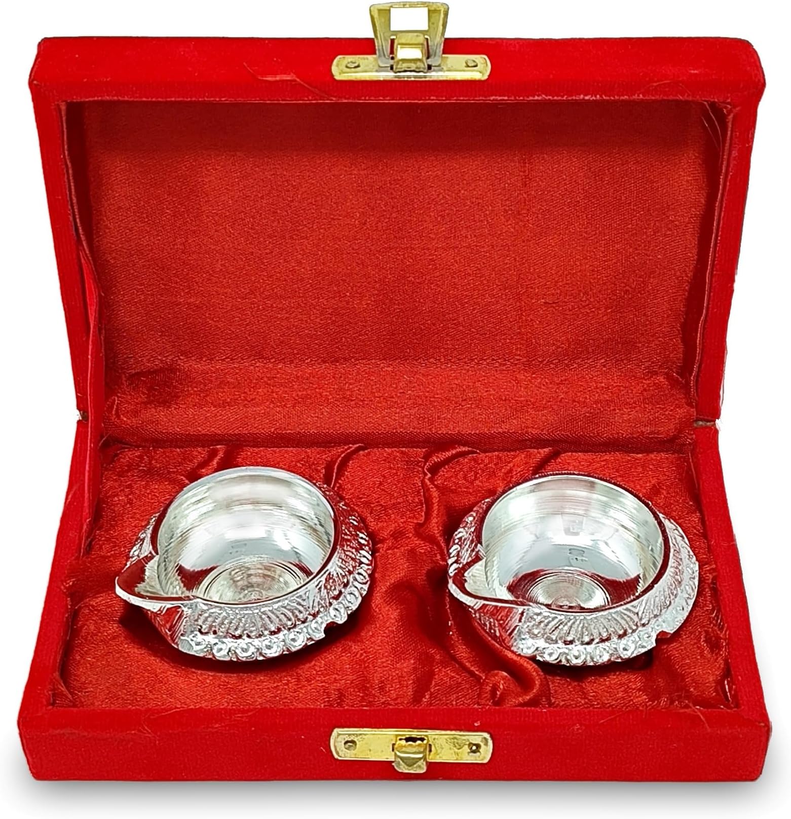 Silver Plated Kuber Diya with Red Velvet Gift Box Pooja Items Diwali Decoration Puja Gifts Handmade Daily Oil Lamp Traditional Indian Deepawali Gift Items