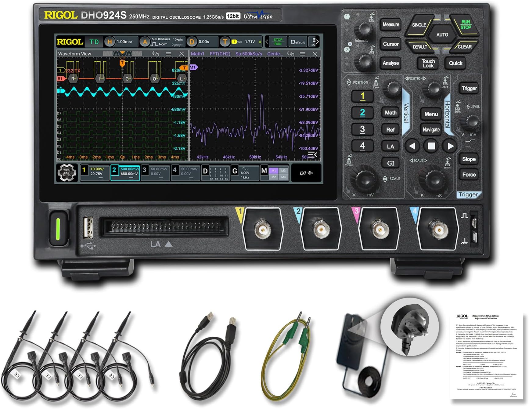 RIGOL DHO924S Portable Digital Oscilloscope, 250MHz Bandwidth, 4 Analog Channels, 16 Digital Channels, 12-bit Vertical Resolution, supports Bode Plot Analysis, integrated 25MHz Signal Generator