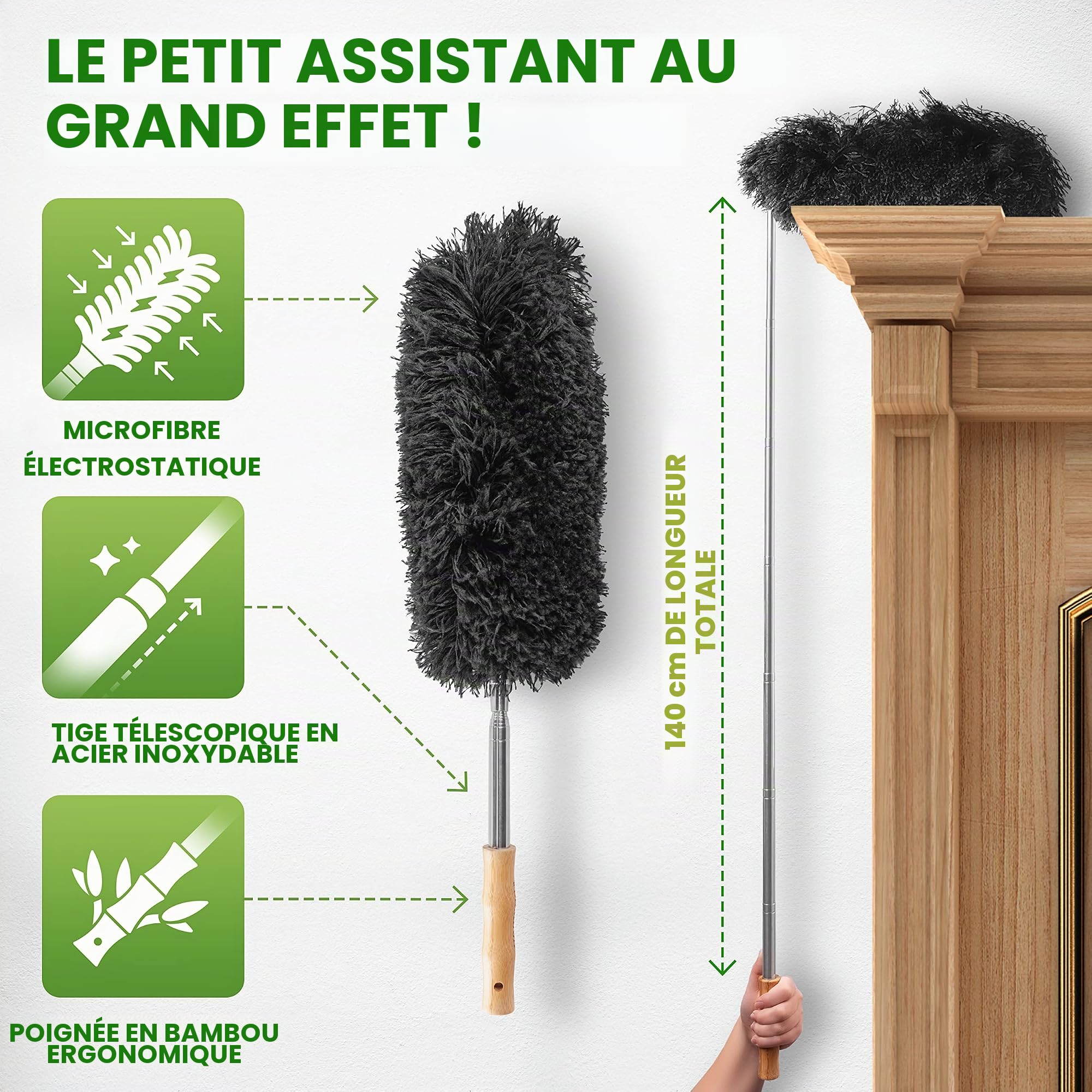 BAMBUA Plumeau Poussiere Telescopique [Microfibre Spéciale] - Poignée en Bambou - Plumeau Telescopique - Tete de Loup Telescopique Premium pour Un Nettoyage Durable - Plumeaux Tête de Loup (140 cm)