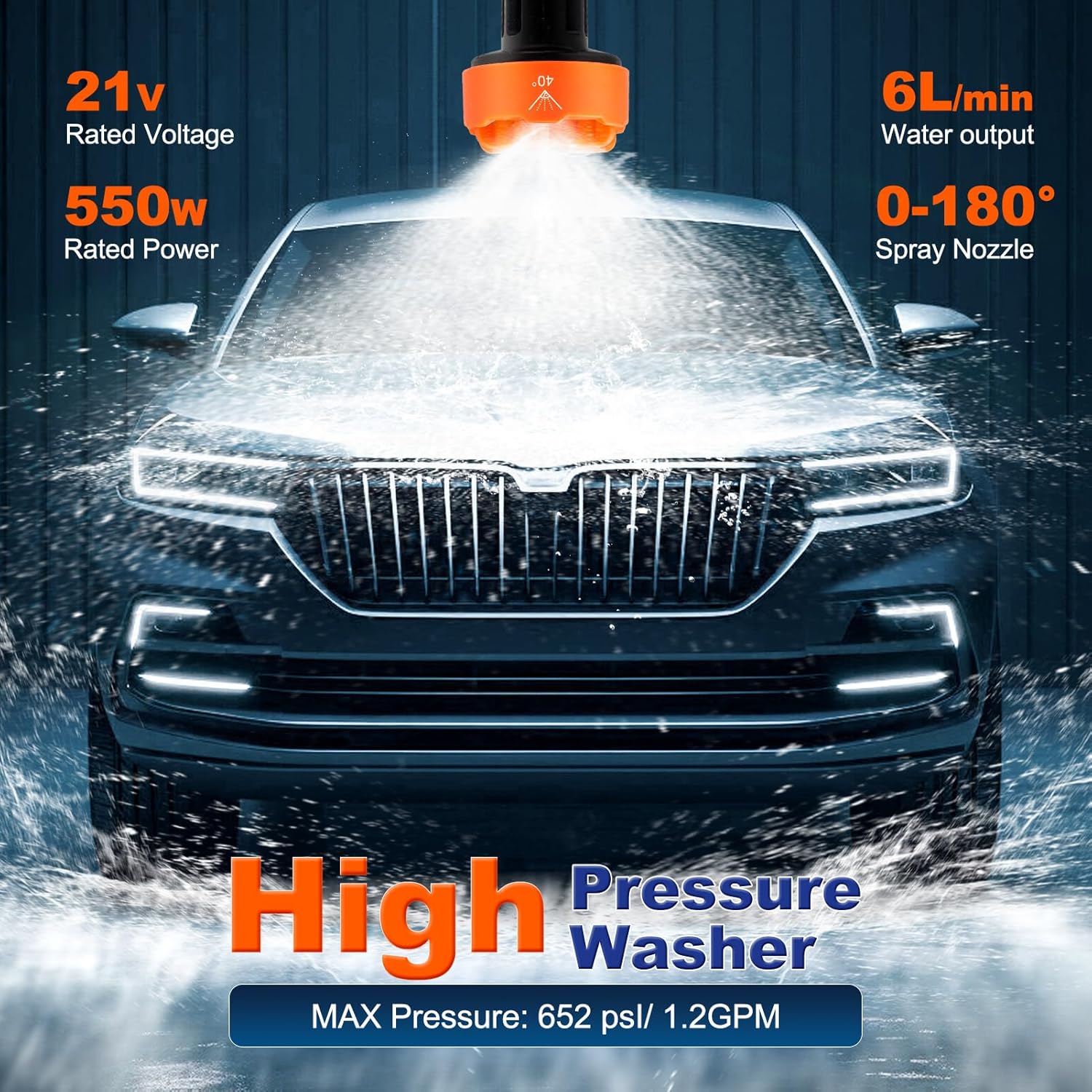 Front view of a car being cleaned with the denqir Electric Cordless Pressure Washer, showing the powerful spray.