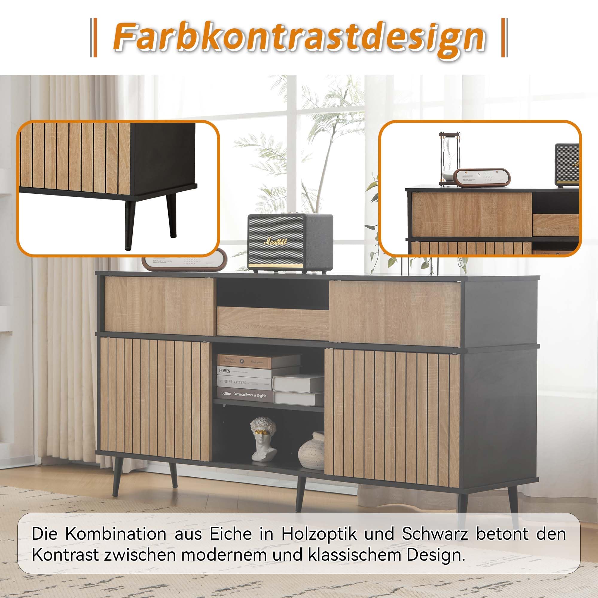 Zepneiy Cassettiera 160 x 40 x 80 cm con 4 ante scorrevoli e 1 cassetto, rovere+nero