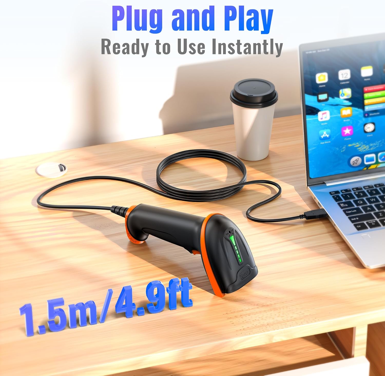 Tera D5100Y barcode scanner connected via USB to a laptop on a desk, illustrating its plug-and-play functionality.