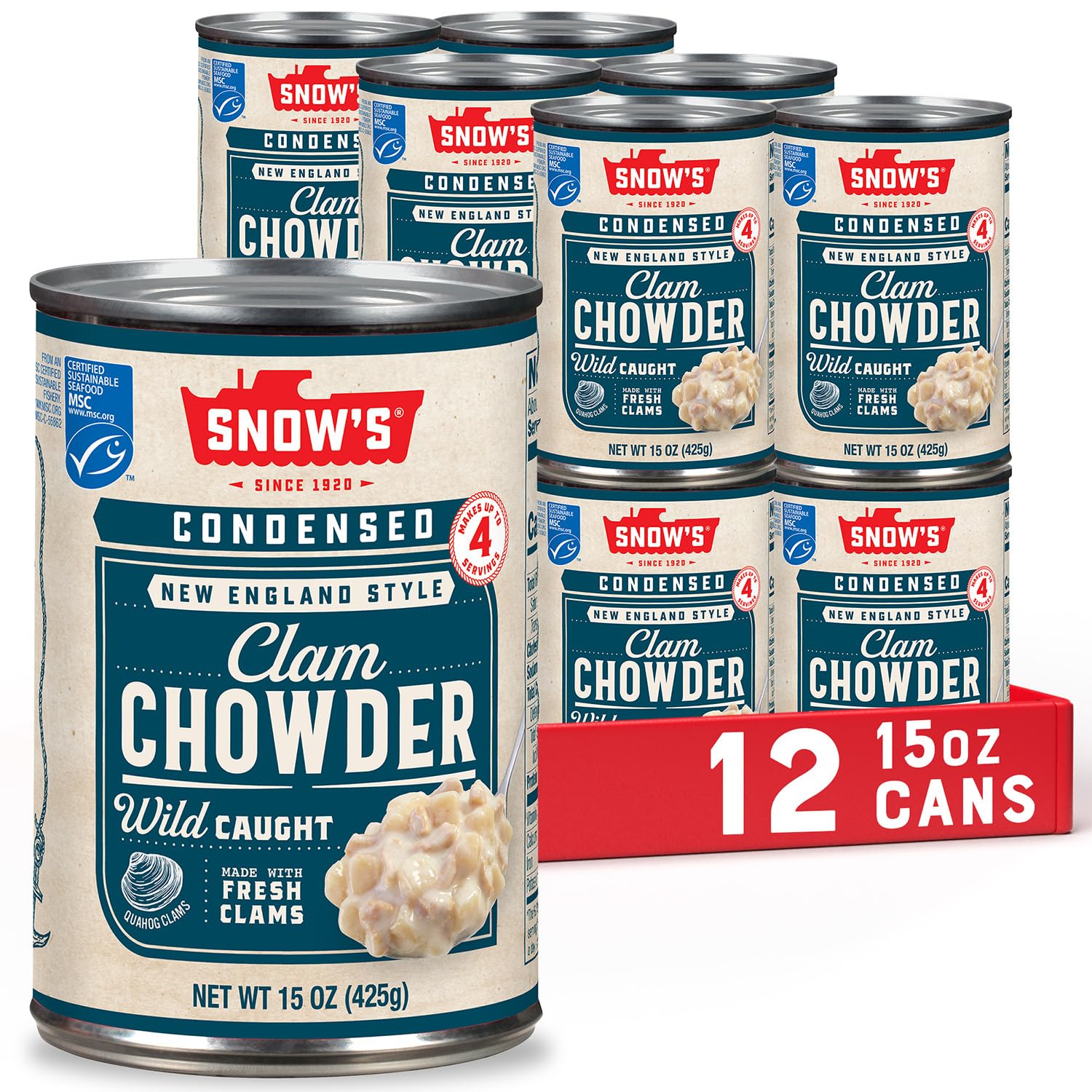Snow's Condensed New England Clam Chowder, 15 oz Can (Pack of 12) - 4g Protein per Serving - Authentic New England Style Recipe