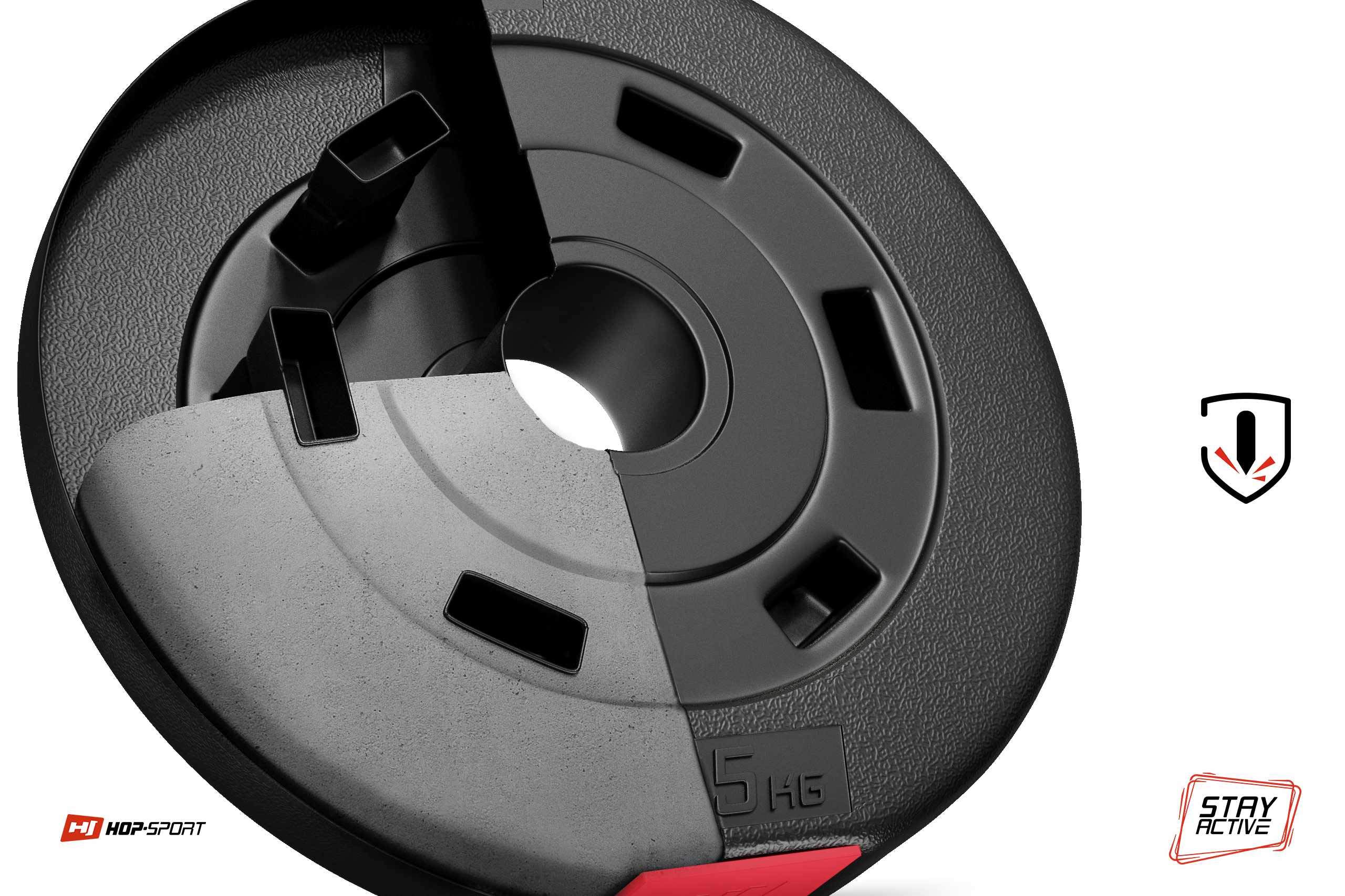 Hop-Sport zestaw hantli 69 kg, długie hantle 167 cm, Ø 30 mm, krążki bitumiczne z tworzywa sztucznego, obciążniki 30 mm, 2 x 10 kg, 6 x 5 kg, 4 x 2,5 kg, w zestawie zapięcia gwiazdowe, trening siłowy