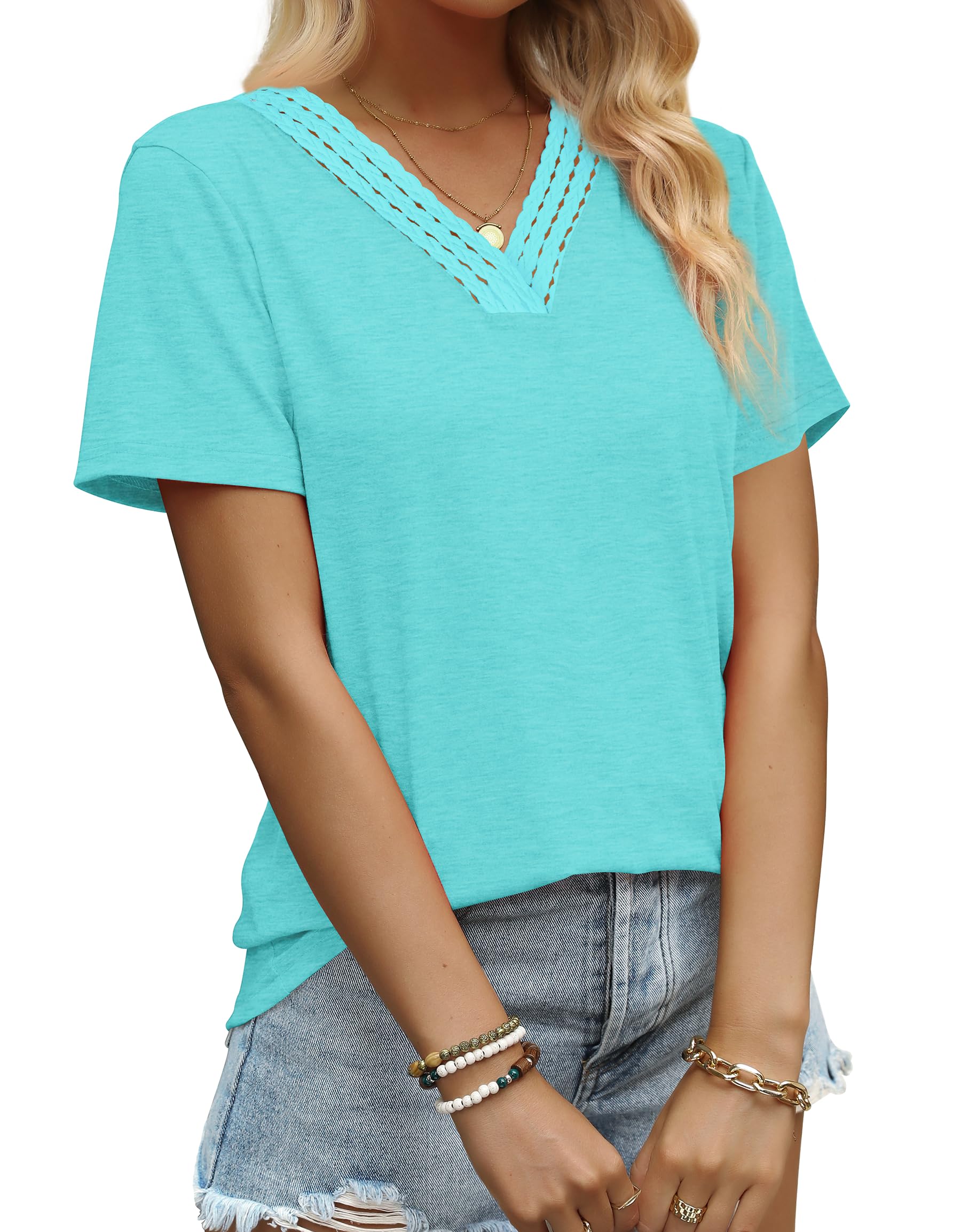 AokosorWomens Summer Tops 2025 Trendy Crochet V Neck Tee Shirts Short Sleeve Casual