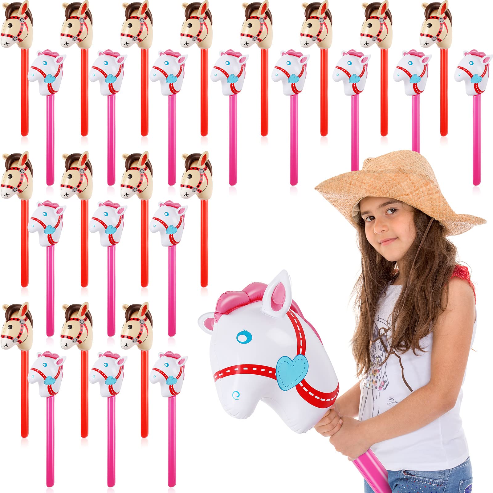 Chivao 30 Pack Inflatable Stick Horse Toy Horse on a Stick Horse Stick Toy Horse Head Stick Balloon Bulk for Cowgirl Cowboy Western Themed Birthday Party Baby Shower Decorations, 37 Inch (Red Pink)