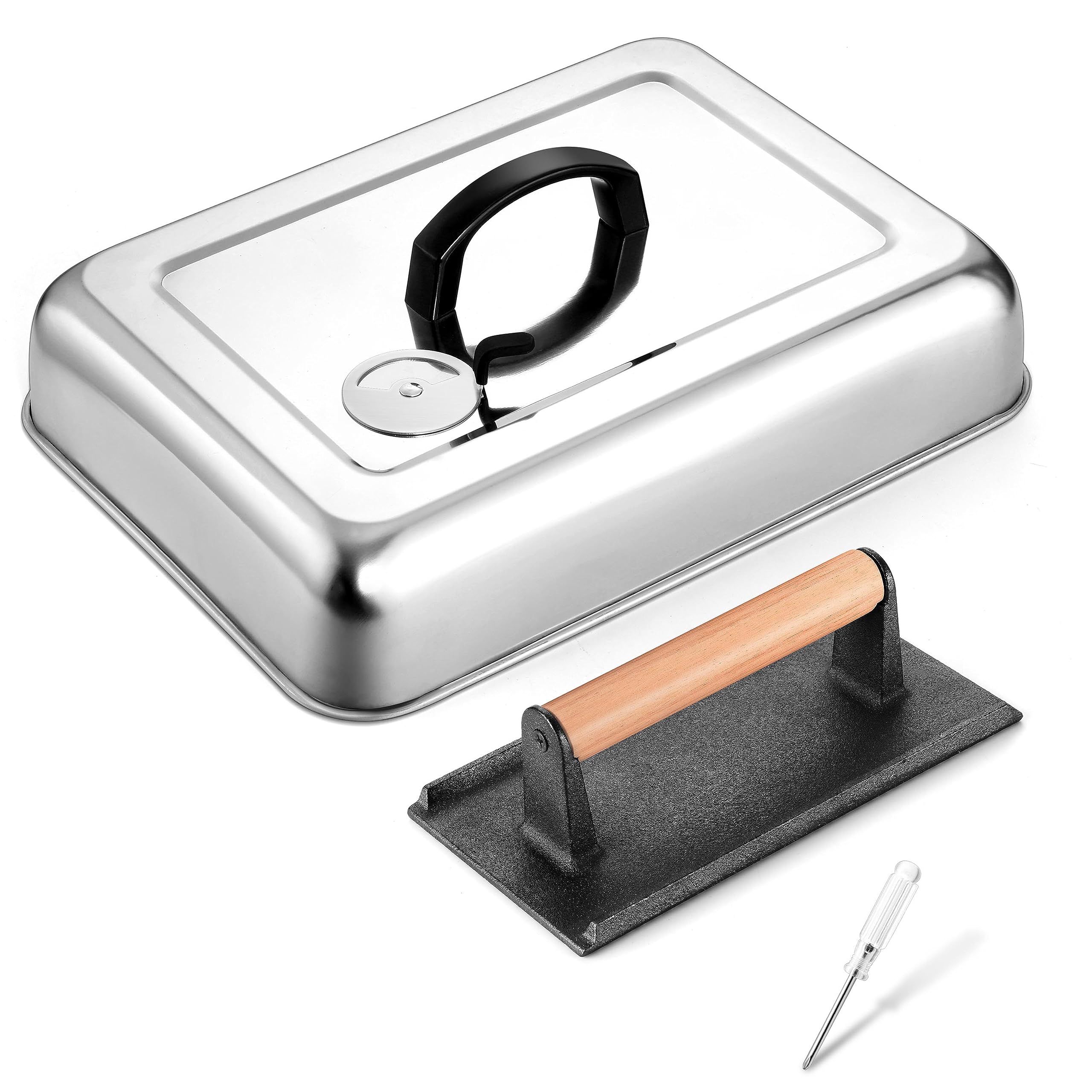 OnaderMelting Dome & Smash Burger Press Set, Stainless Steel Basting Cover with Vent, Cast Iron Bacon Press for Griddle