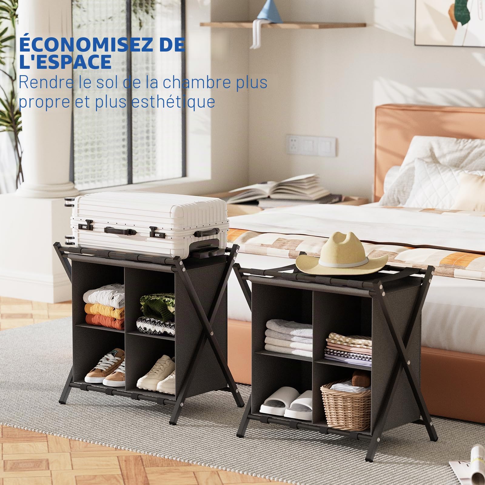 Garden 4 you Support de valise pliable avec compartiments de rangement pour chambre à coucher, chambre d'amis, hôtel, pour bagages de voyage (noir)