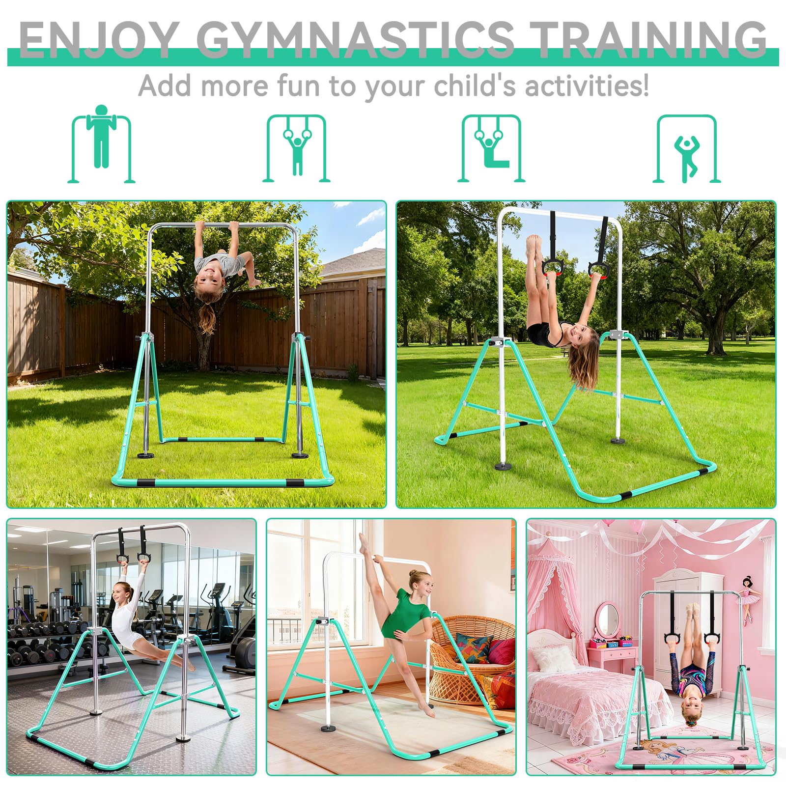 Barra de Gimnasia para Niños, Altura Ajustable y Plegable – con Anillos, Barra Horizontal para Interior, Equipo de Entrenamiento en Casa para Niñas y Niños