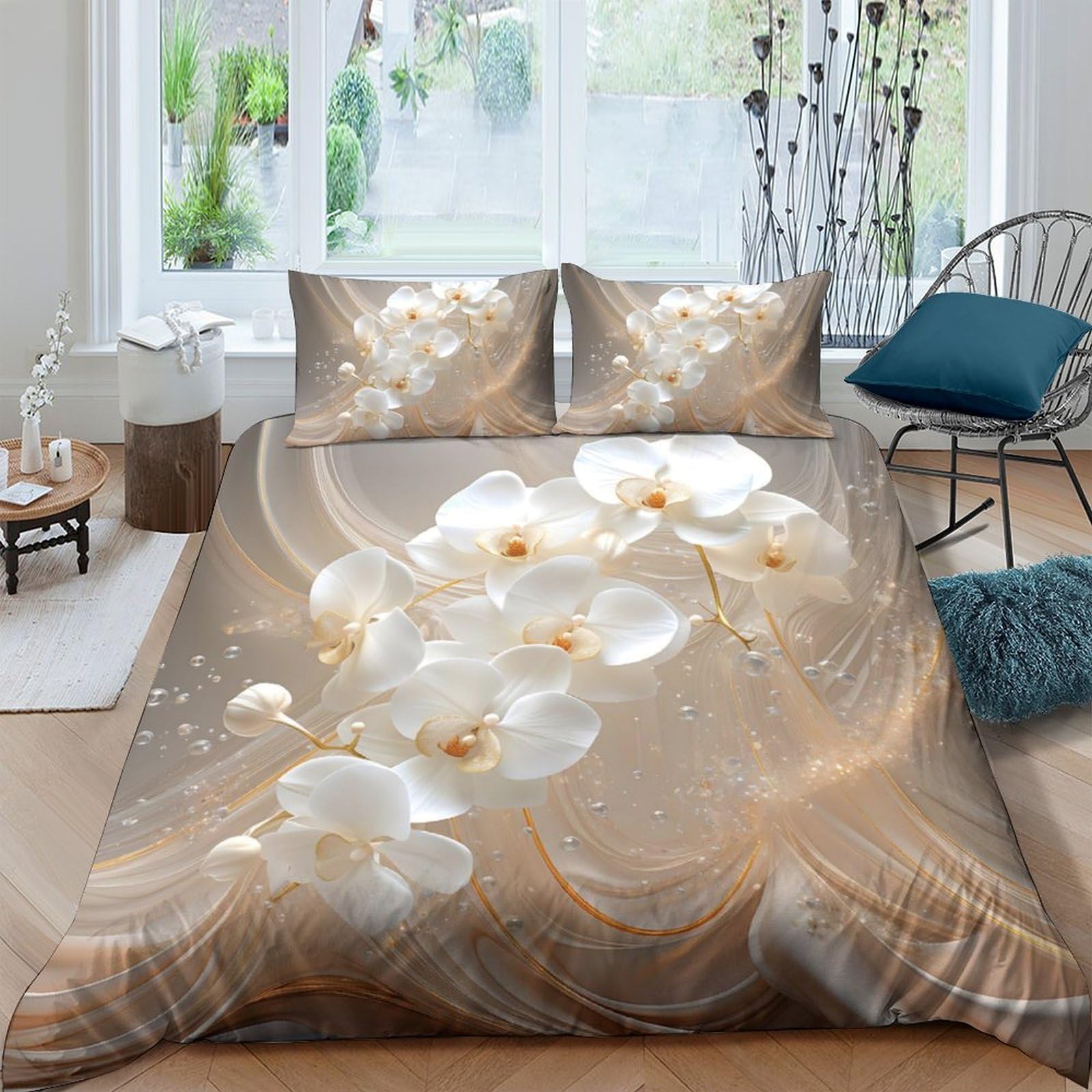 Ctjqhvkz Style-7 3D Printed Floral Beige Fitted Sheet Microfiber Soft Bedroom Decor Orchid Blossom Mattress Cover Anti-Slip Easy Care For Home Guest Room Single（135X200cm）