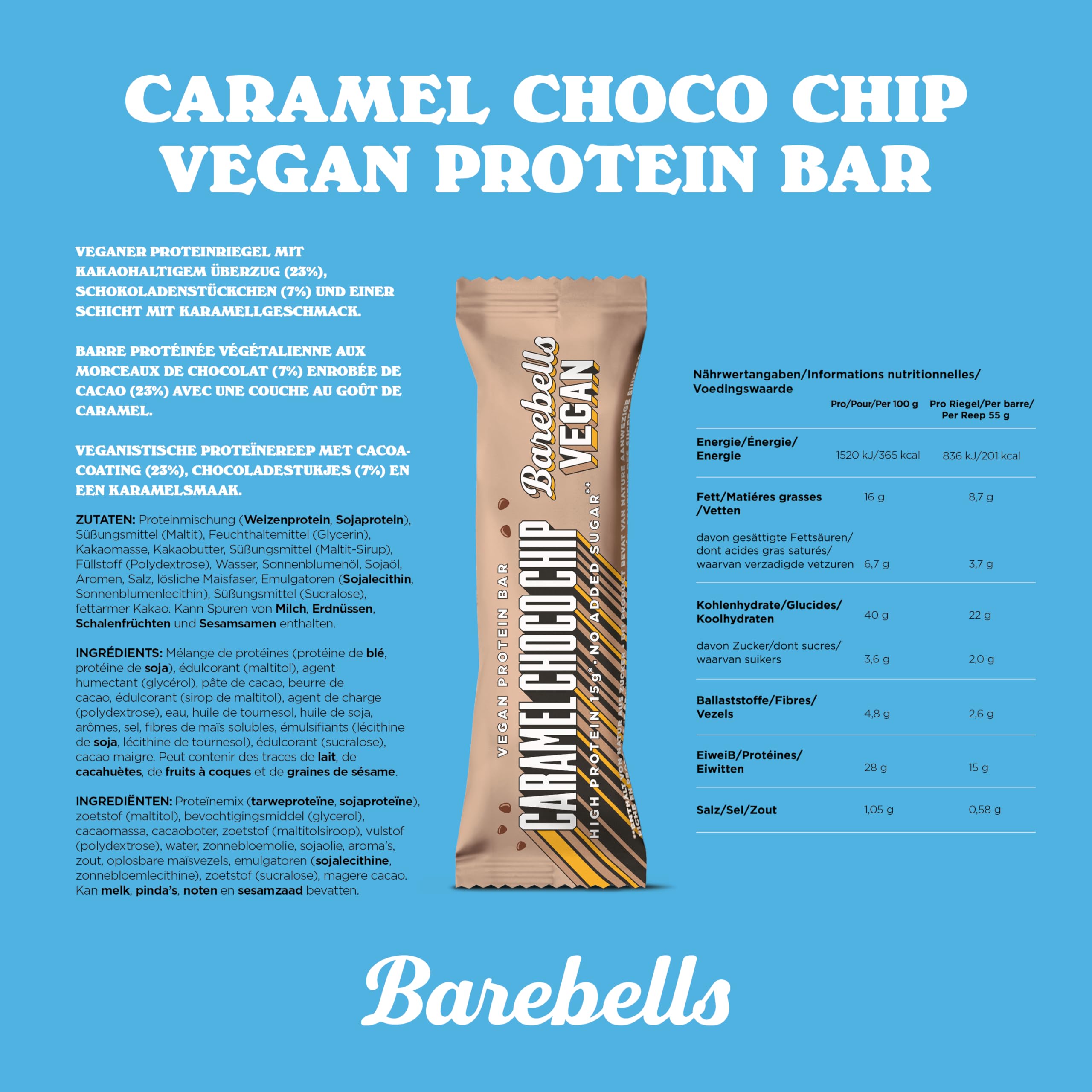 Barebells Vegan Protein Riegel – 15g High Protein Bar, Zuckerarm, Eiweißriegel, Ohne Palmöl, Vegane Proteinriegel – vegane Schokolade - Caramel Choco Chip, 12 x 55gr