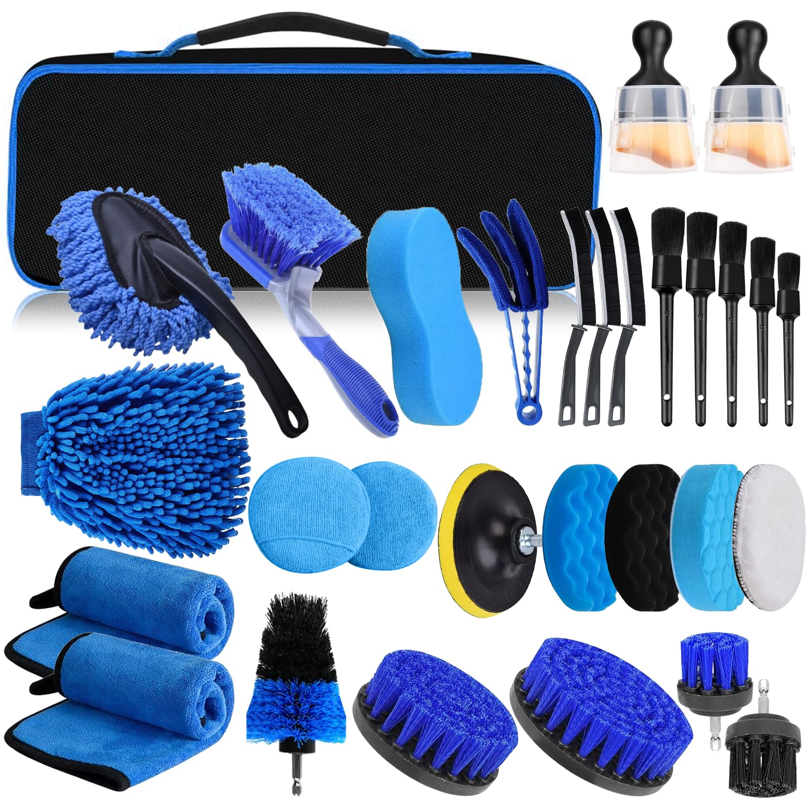 GIBOHOM Kit Pulizia Auto, 31 Pezzi Kit Lavaggio Auto, Set Pulizia Auto per Interni ed Esterni, Kit Detailing Auto con Spazzole, Spugne per Lucidatura, Pratica Borsa per Il Trasporto Inclusa