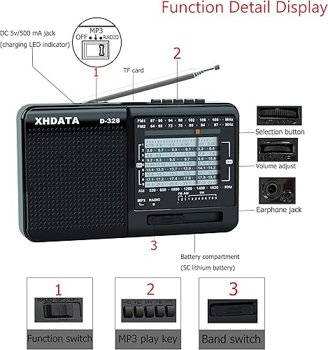 Miniatura 3 de XHDATA D-328 de onda corta AM FM DSP Portátil Pequeño Multibanda Radio Estéreo Reproductor MP3 con batería recargable Conector de auriculares