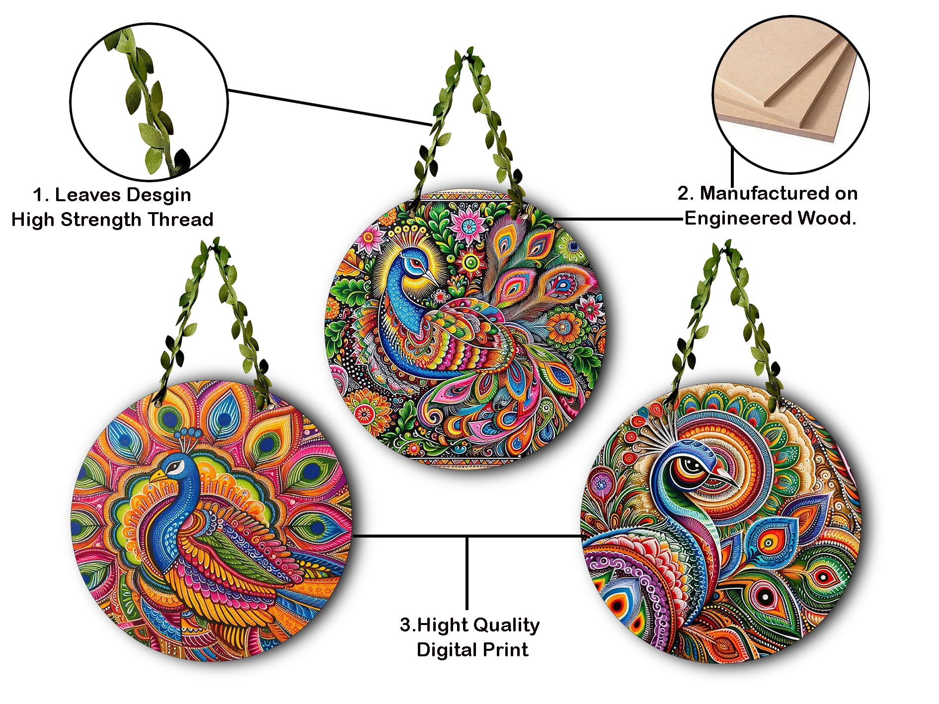 Peacock Wall Hanging Set β Round Decorative Wall Plates with Traditional Art Design Wall Hanging Decorative Items | Decor Items | MDA-Peacock-Cir-(Set of 3) 1