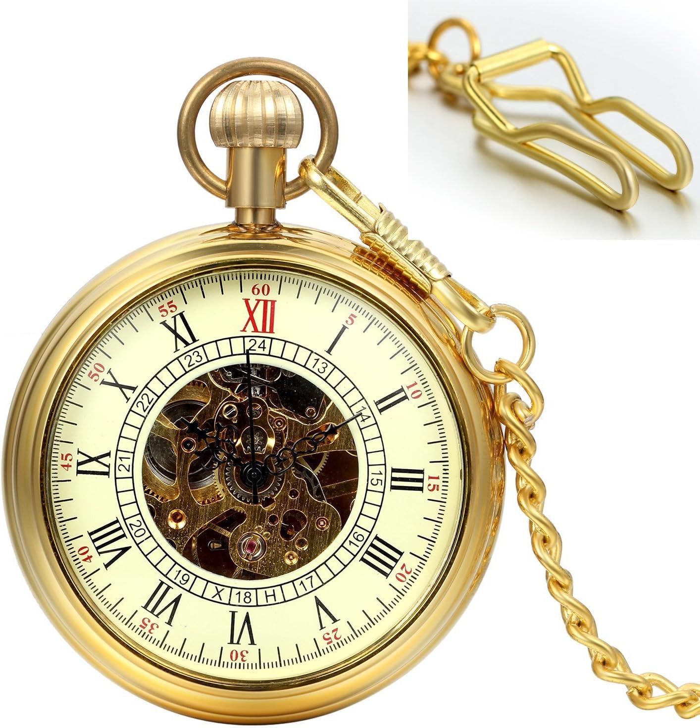 Carrie Hughes Mens Vintage Full Copper Railroad Mechanical Pocket Watch with Chain in Box CHPW11