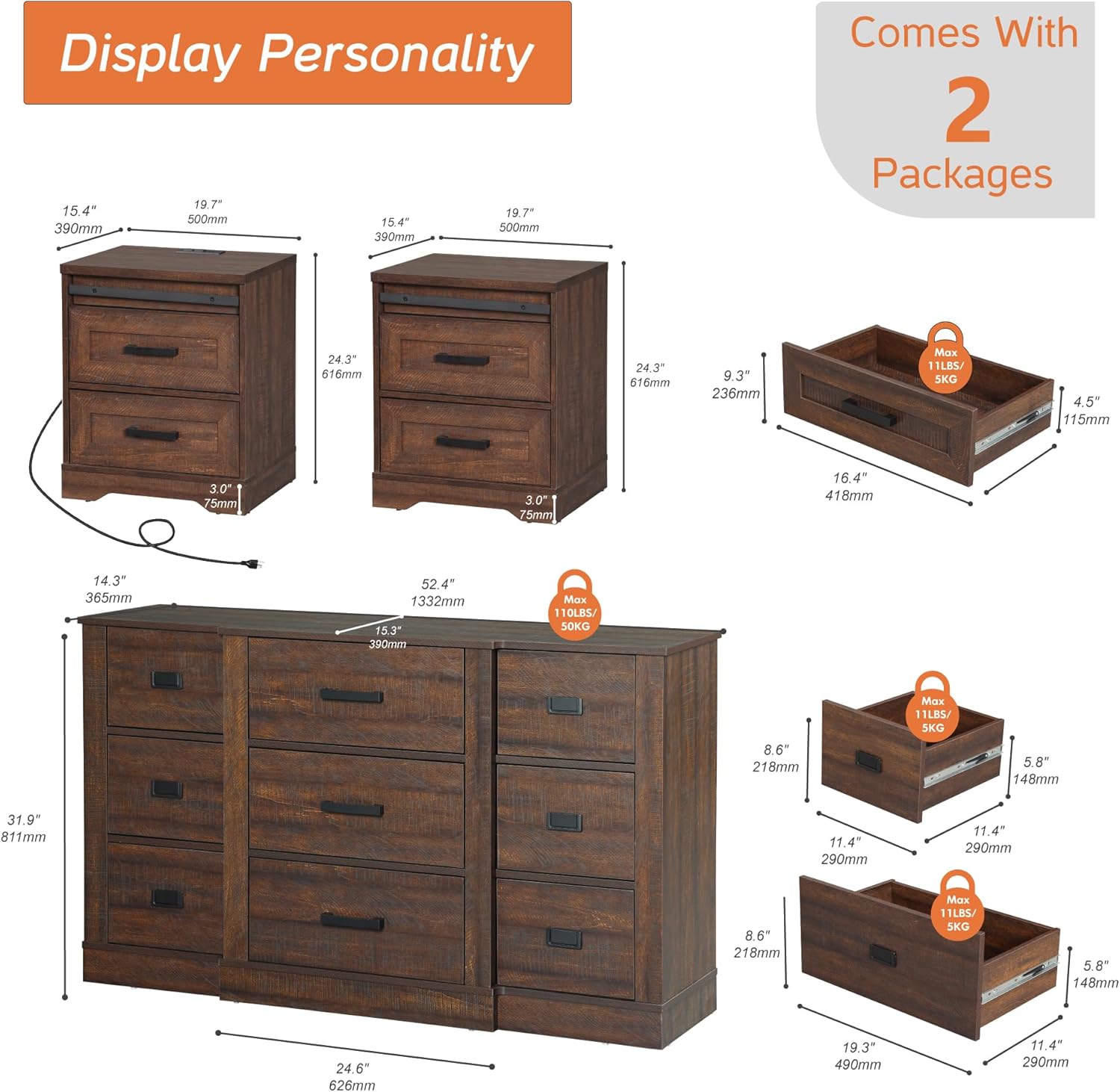 WAMPAT 3-Piece Farmhouse 9 Drawers Dresser and Nightstand Set for Bedroom,52.4" W Solid Wood Chest of 9 Drawers and 24.3" H Nightstand Set of 2 with Charging Station,Dark Brown