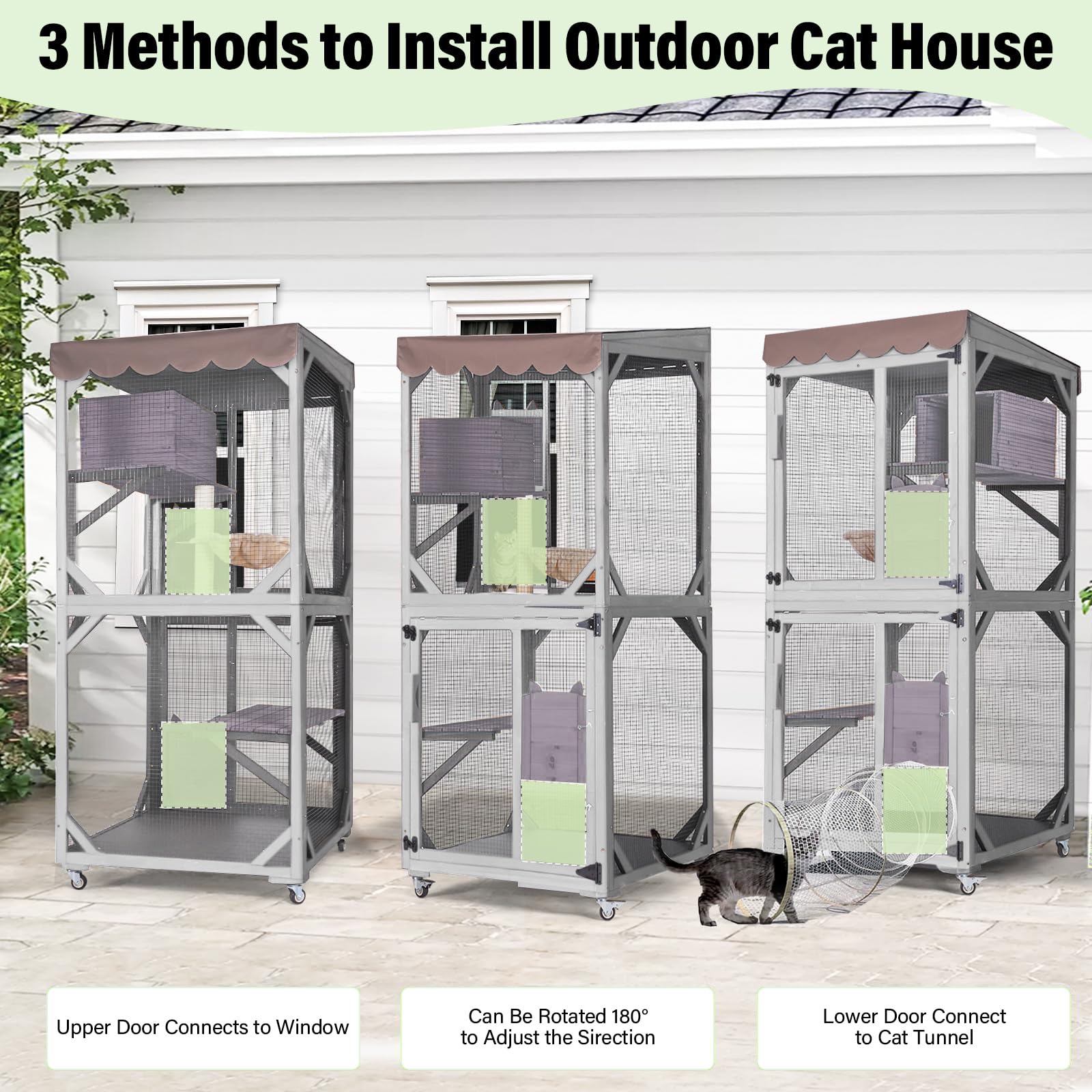 Seiyierr Catio - Jaula para gatos de 66 pulgadas H con ruedas, techo impermeable, estilo rascador y hamaca, jaula para gatos al aire libre, capa de PVC (gris)