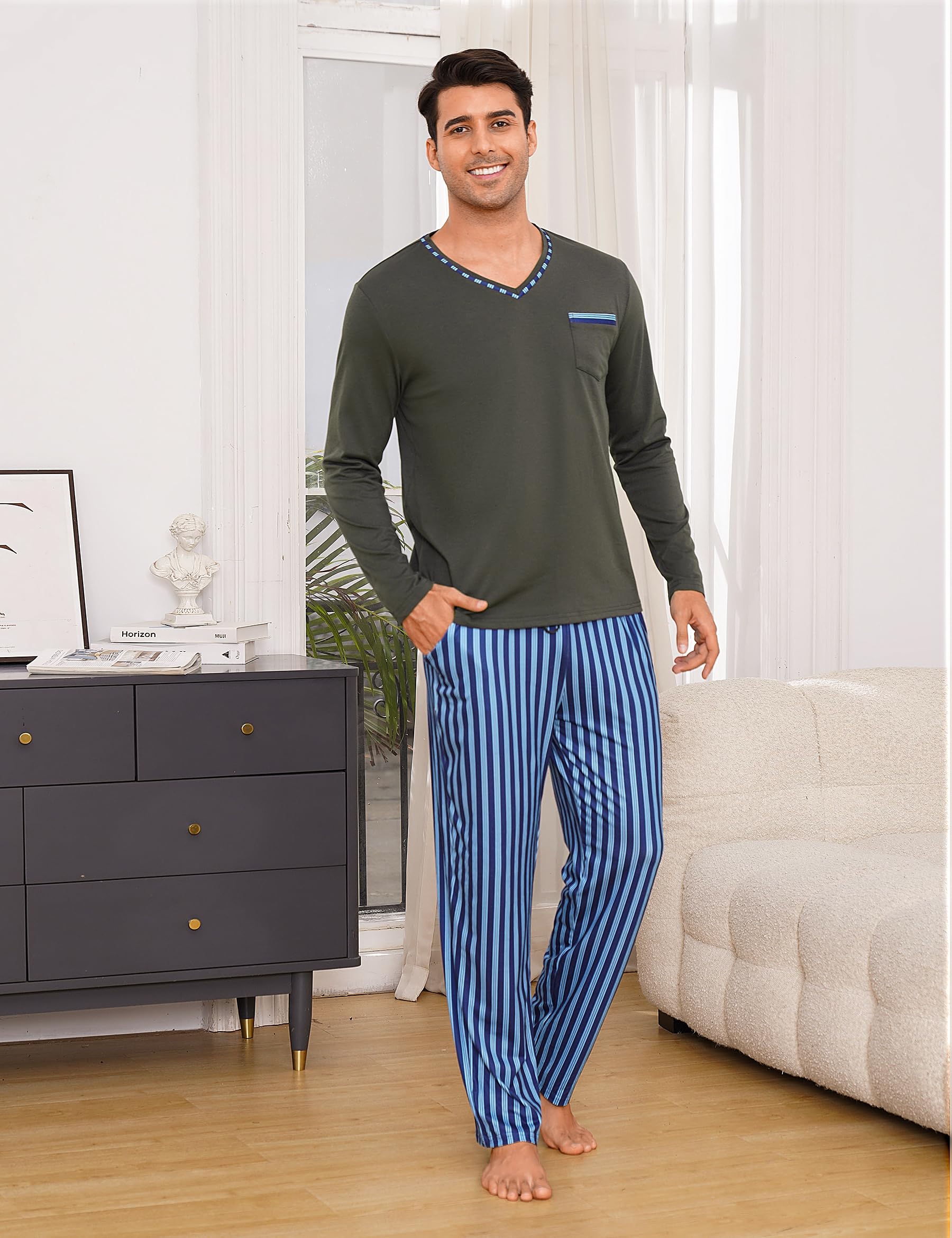 Demegimi Pigiama Uomo Invernale Cotone Leggero Pigiama da Uomo a Righe Pigiami Due Pezzi da Uomo a Maniche Lunghe con Scollo a V e Pantaloni