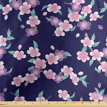 Lunarable Floral Fabric by The Yard, Japanese Cherry Blossoms Sakura Branches Spring Theme on a Dark Blue Background, Decorative Satin Fabric for Home Textiles and Crafts, 1 Yard, Multicolor