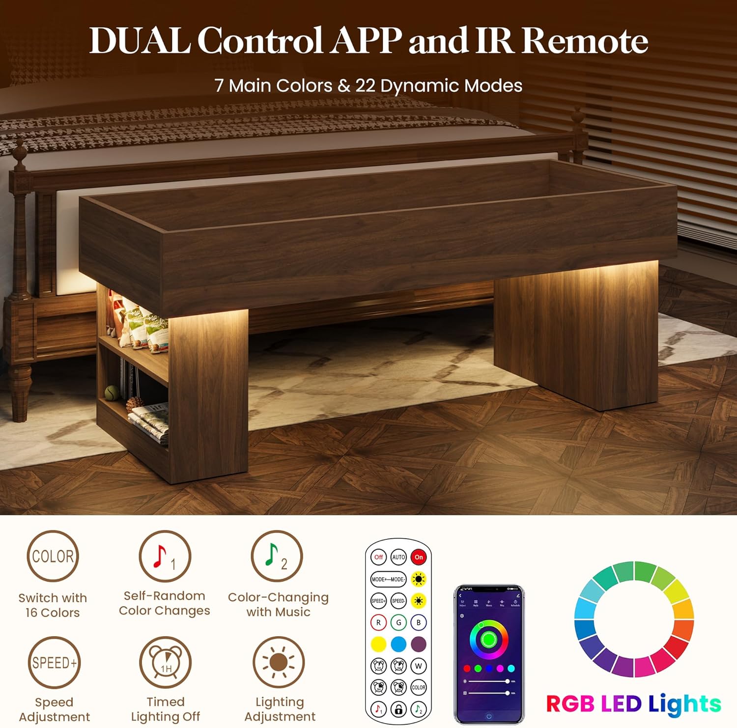 review Elevated Dog Bed Modern Wooden Pet Bed and Led Light, Small to Medium Elevated Pet Bed with Storage Shelves, Walnut